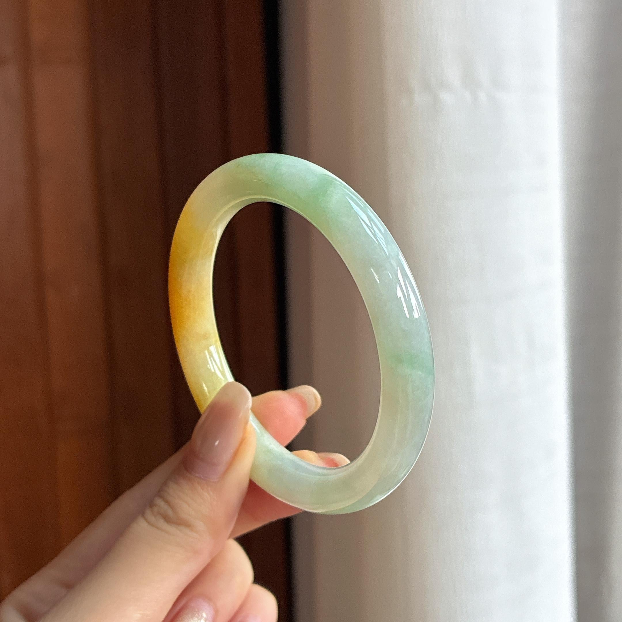 细糯种黄加绿圆条手镯 54圈 天然缅甸A货翡翠（yc455108）