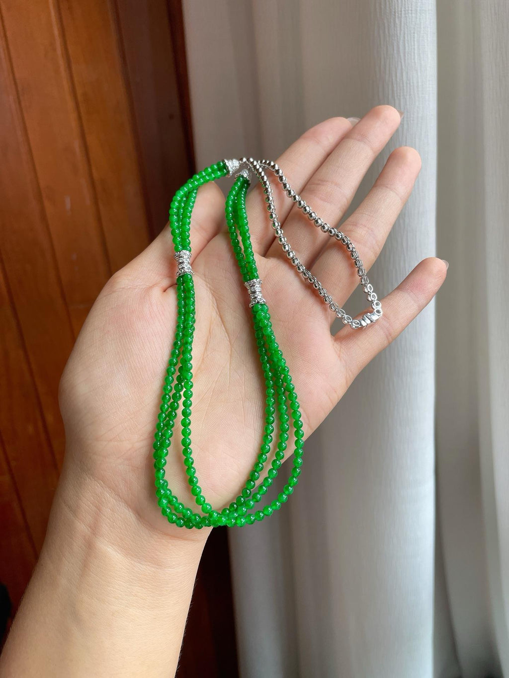 18k金镶冰种满绿小米珠珠串项链（yc247171）