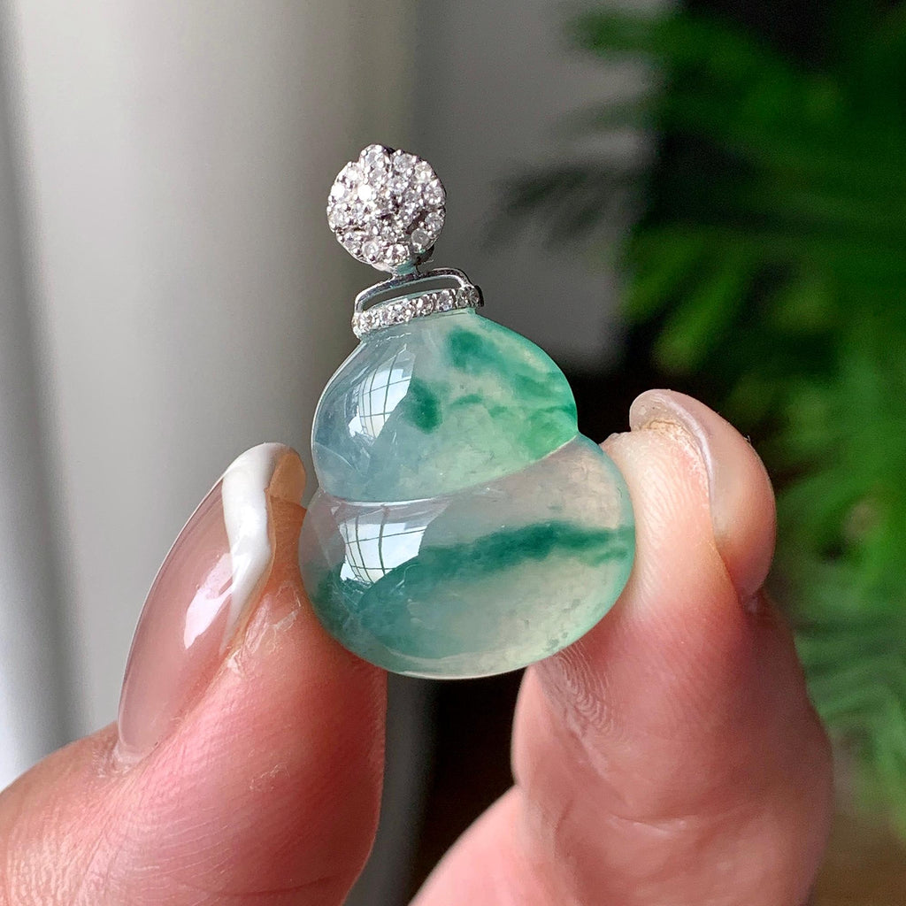 18K金钻镶糯冰种飘蓝花葫芦吊坠 天然缅甸A货翡翠（yc367608）