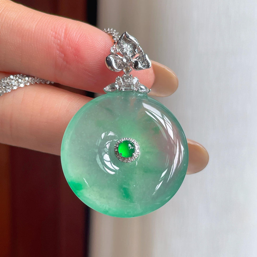 18k金扣冰种飘绿翡翠平安扣（yc424275）