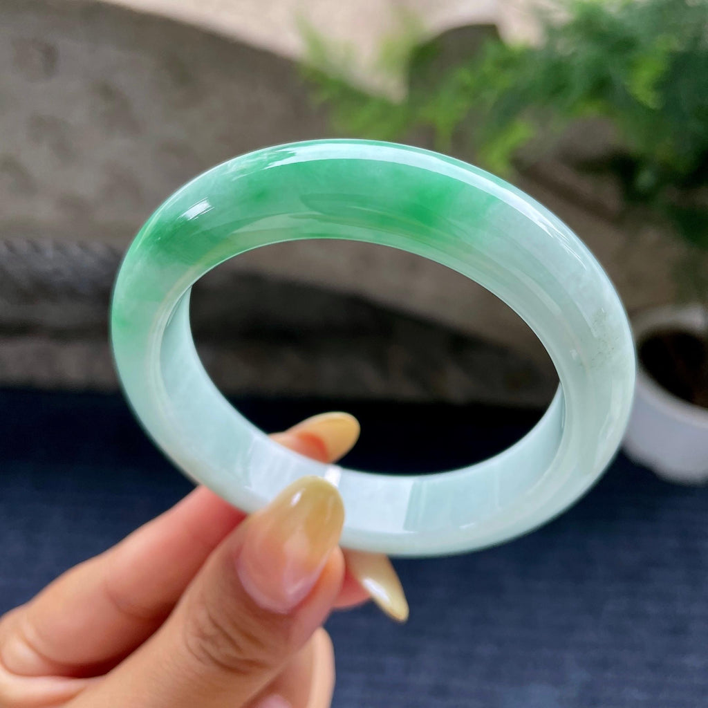 小圈口 细糯种飘翠绿正圈平安镯53圈 天然缅甸A货翡翠（yc489139）