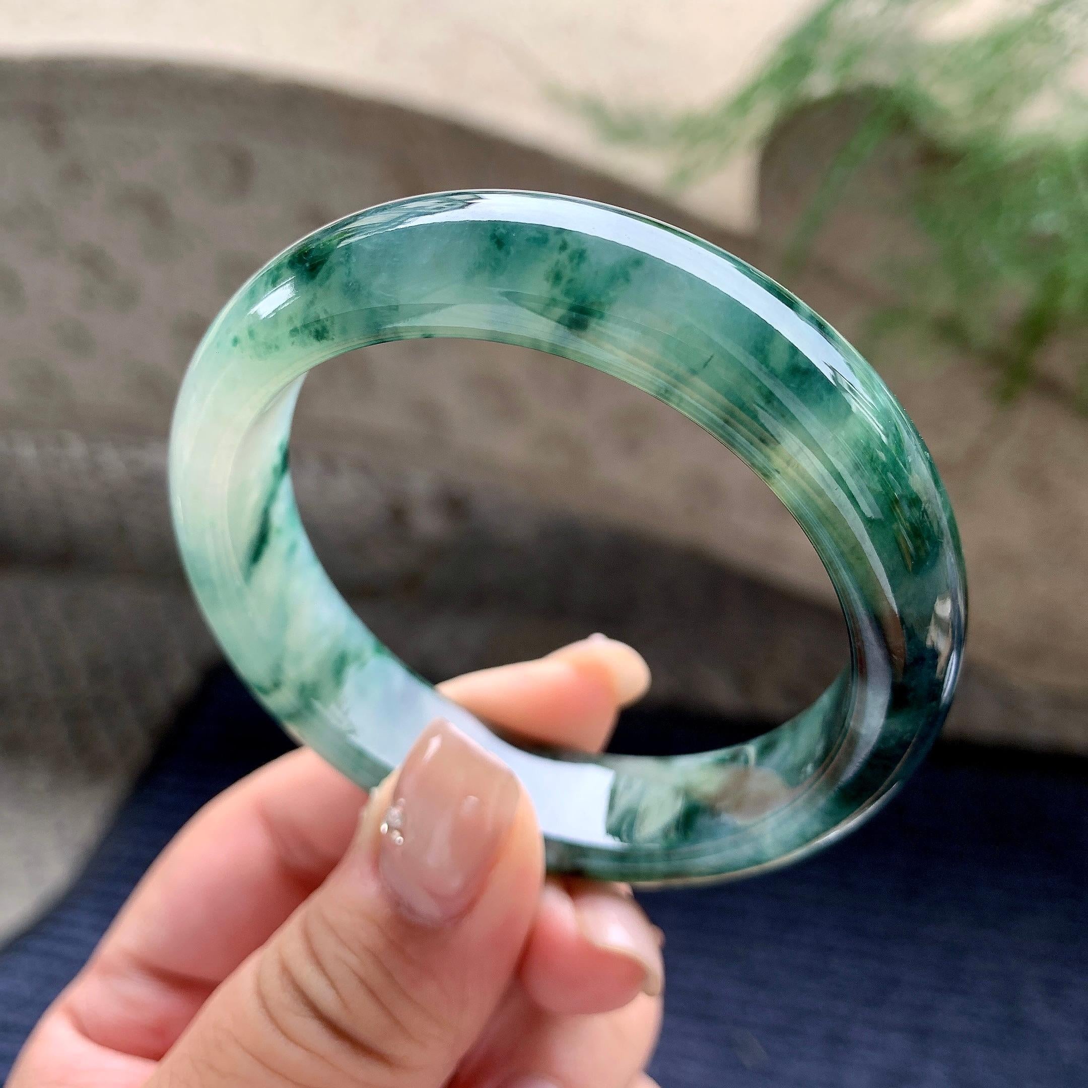 细糯种飘蓝花正圈平安镯 54圈口 天然缅甸A货翡翠（yc467979）