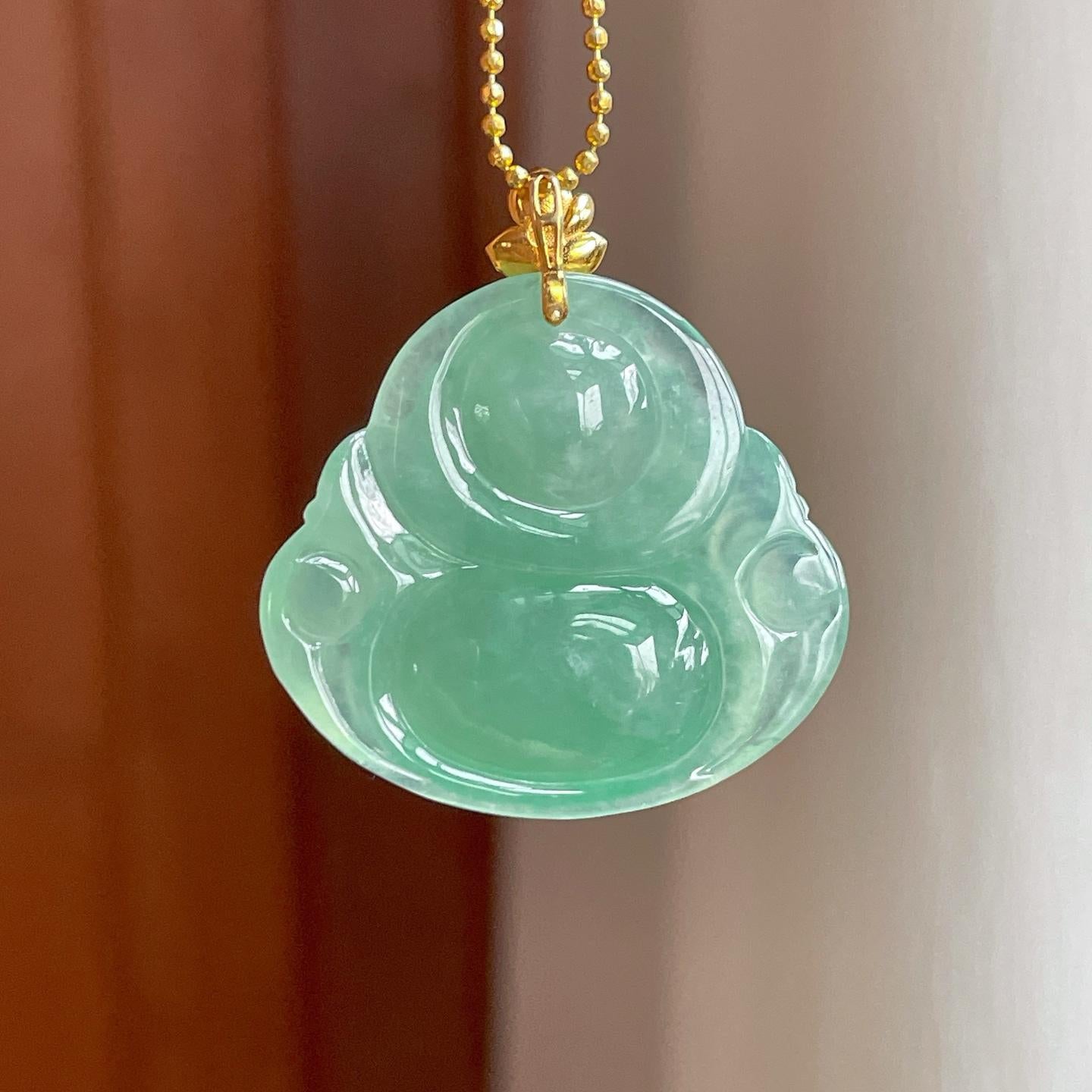 18k金扣头冰种果绿翡翠佛公（yc349838）