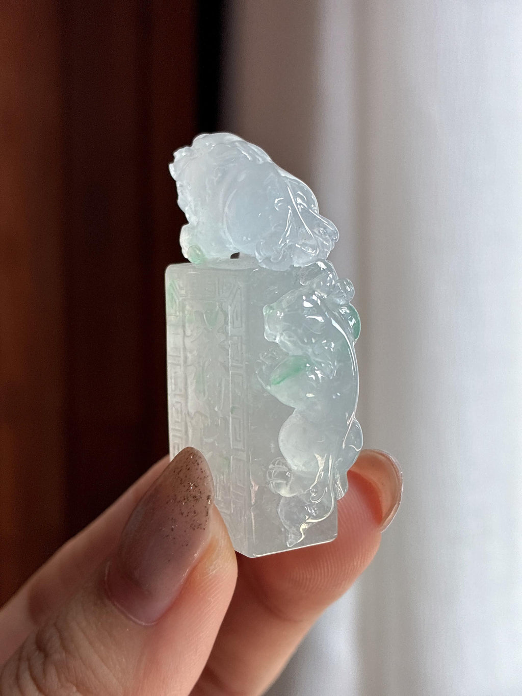 冰种飘绿花貔貅印章 天然缅甸A货翡翠(一对)（yc456284）