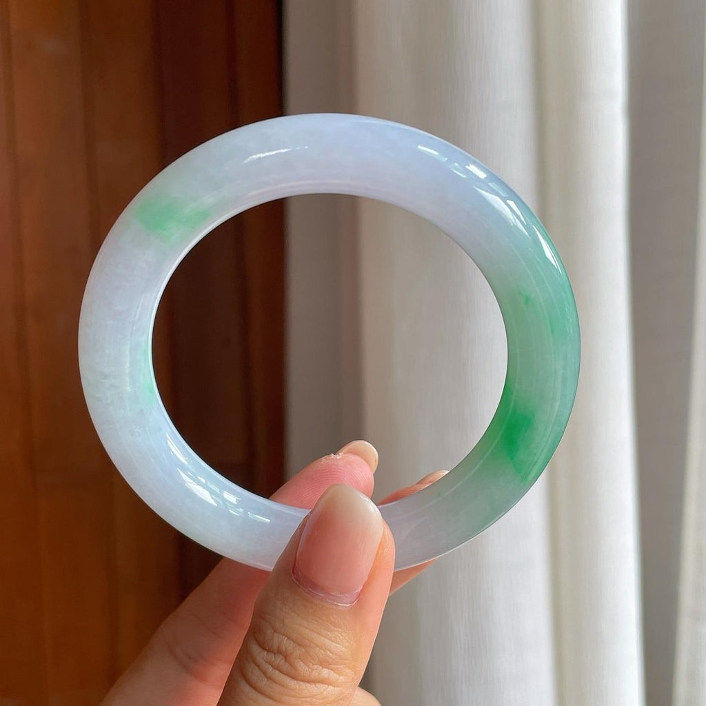 糯冰白底青翡翠圆条手镯（57mm)（yc397582）