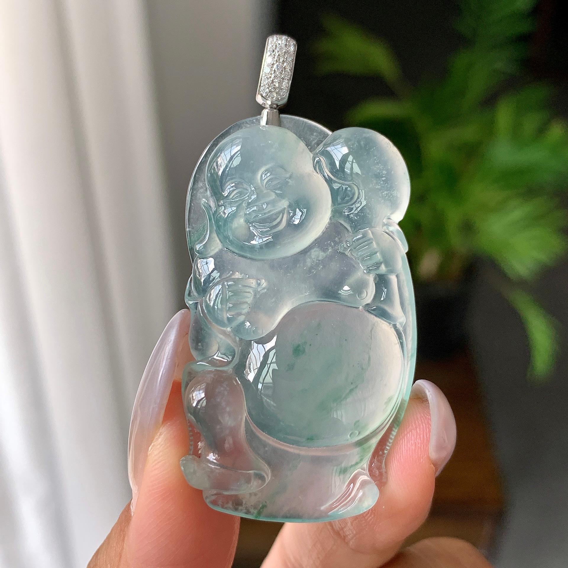 18K金钻扣镶高冰种飘花布袋佛挂件（yc176996）