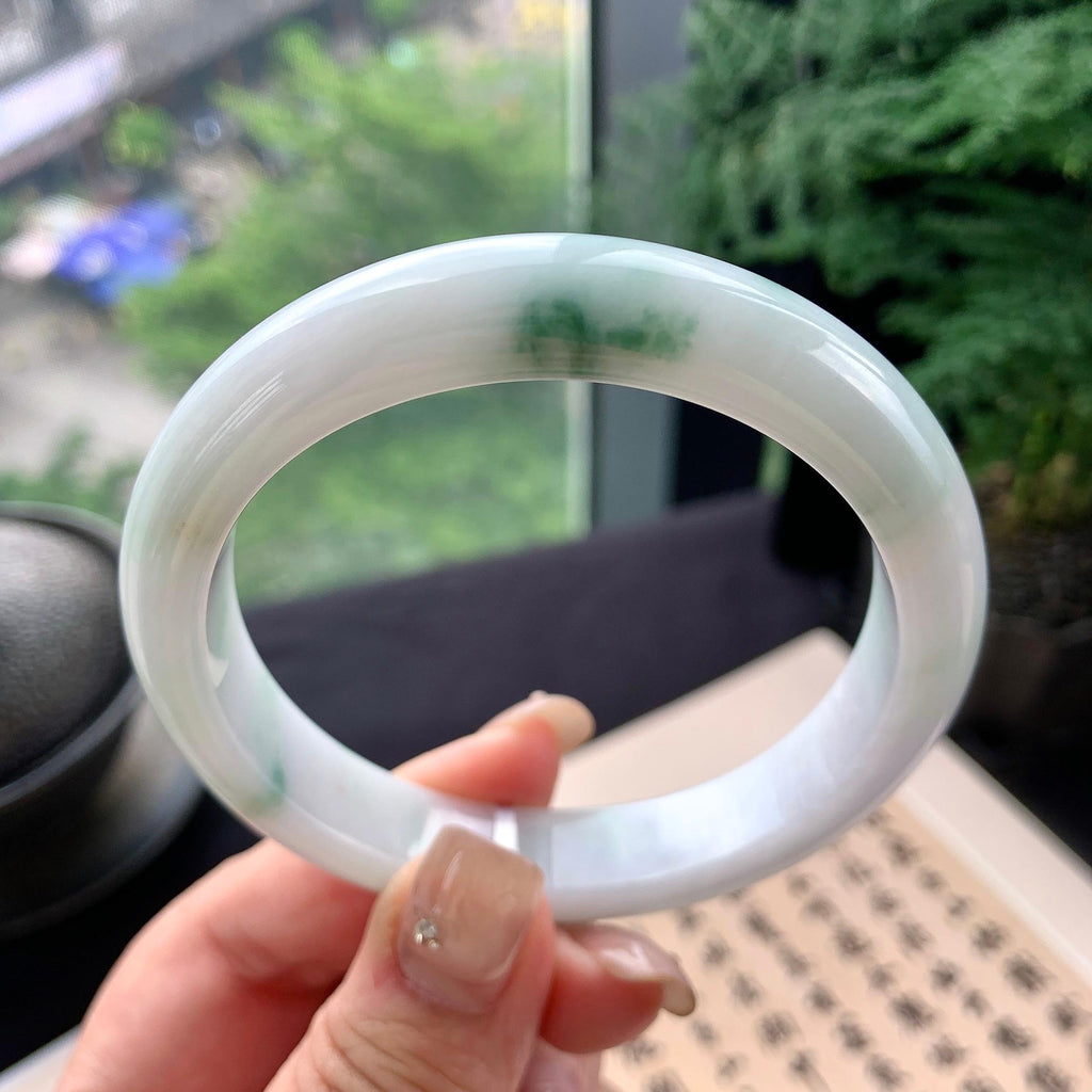 大圈口 细糯种飘绿花正圈平安镯 59圈口 天然缅甸A货翡翠（yc477609）