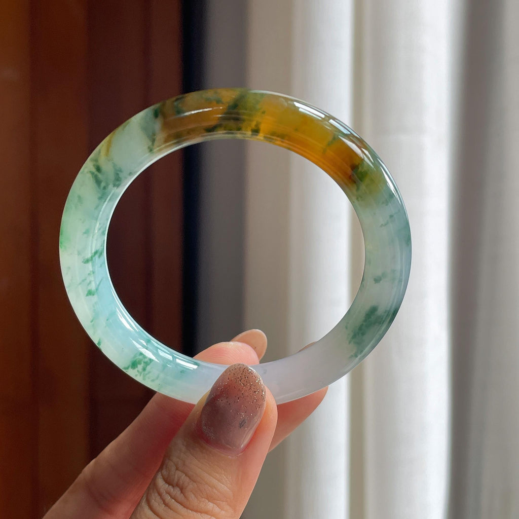 糯冰飘花黄翡特色圆条手镯 51圈（yc428627）