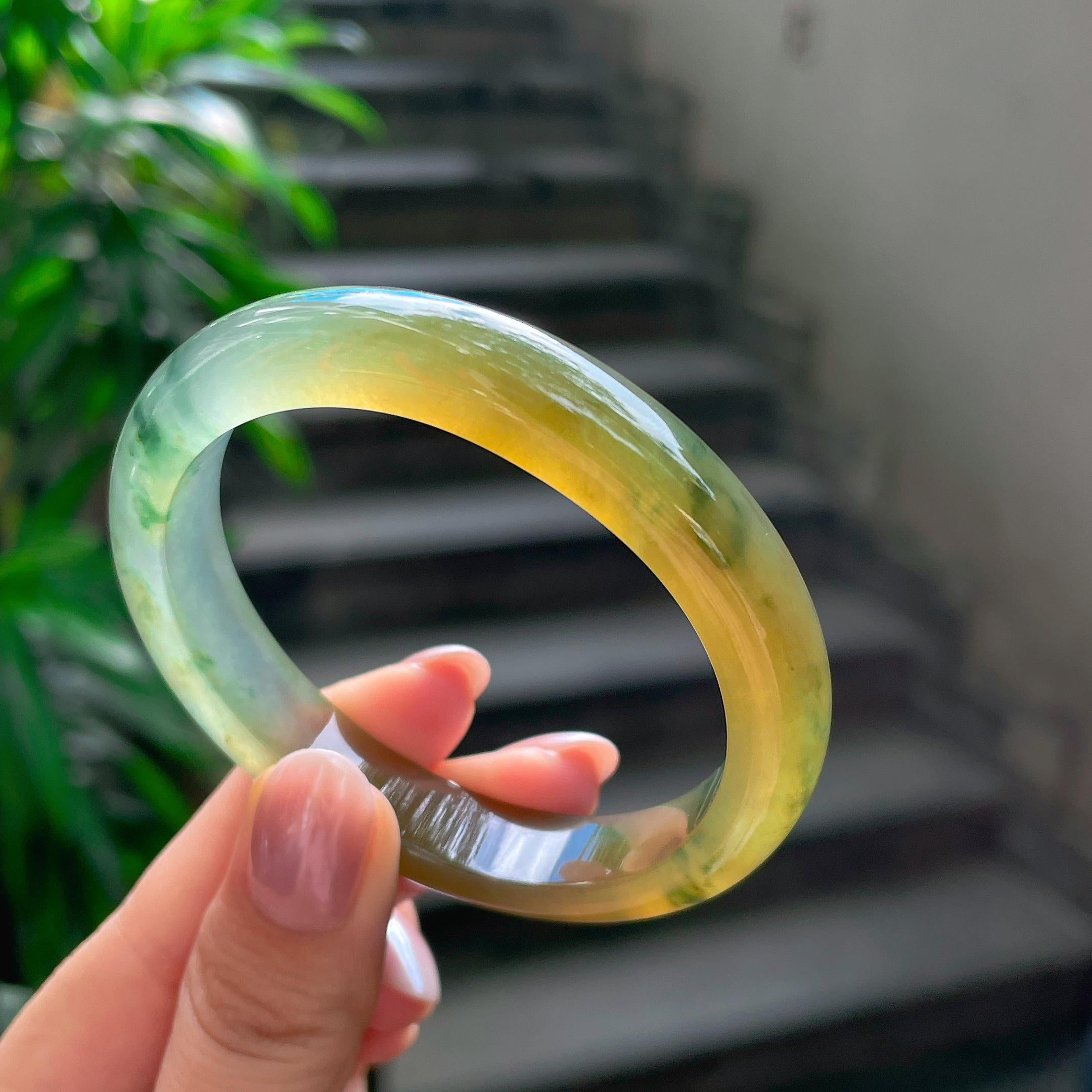 高冰种黄翡飘花特色贵妃镯 53圈 天然缅甸A货翡翠（yc506765）