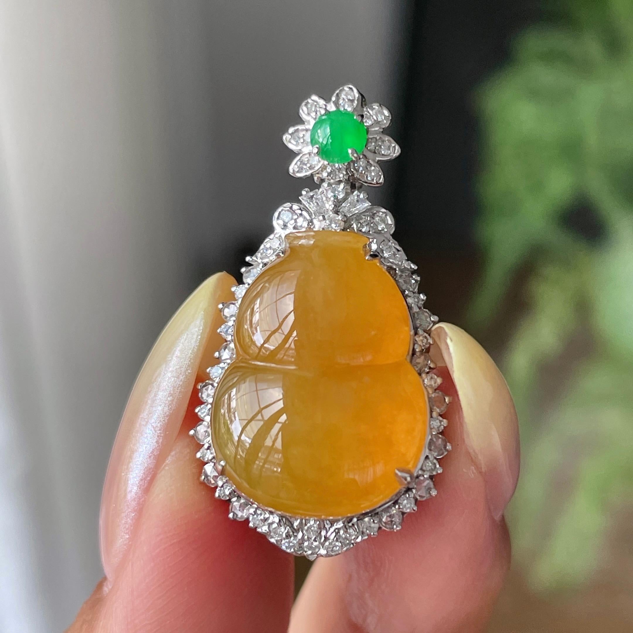 18k金钻镶糯冰种黄翡葫芦吊坠        天然缅甸A货翡翠（yc454778）