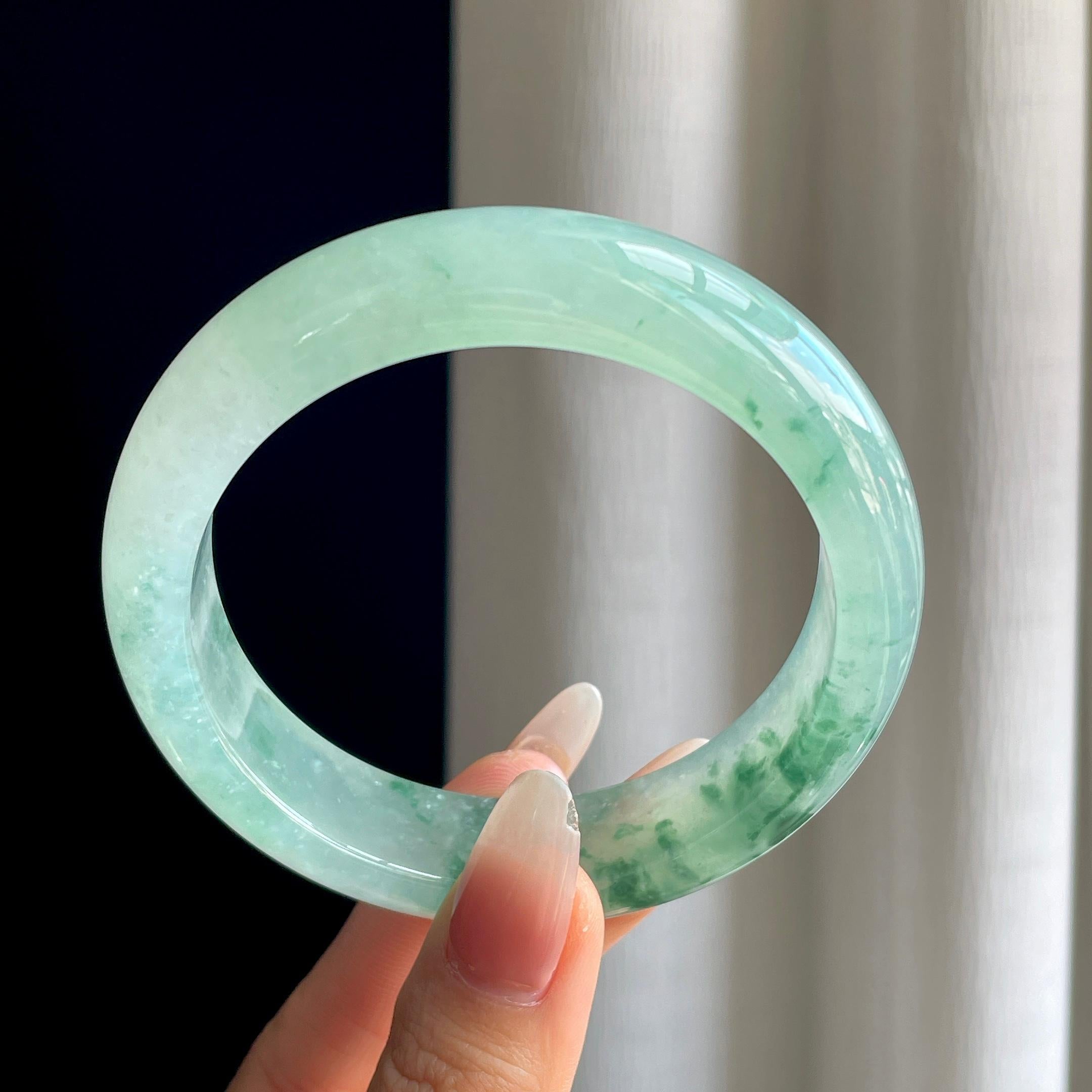 冰种飘花翡翠宽版翡翠平安镯（62mm）（yc303076）