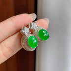 铜托糯冰满绿翡翠蛋面耳饰（yc246170）