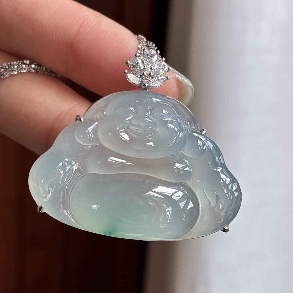 18k金镶冰种起光飘花玉佛挂件（yc759909）