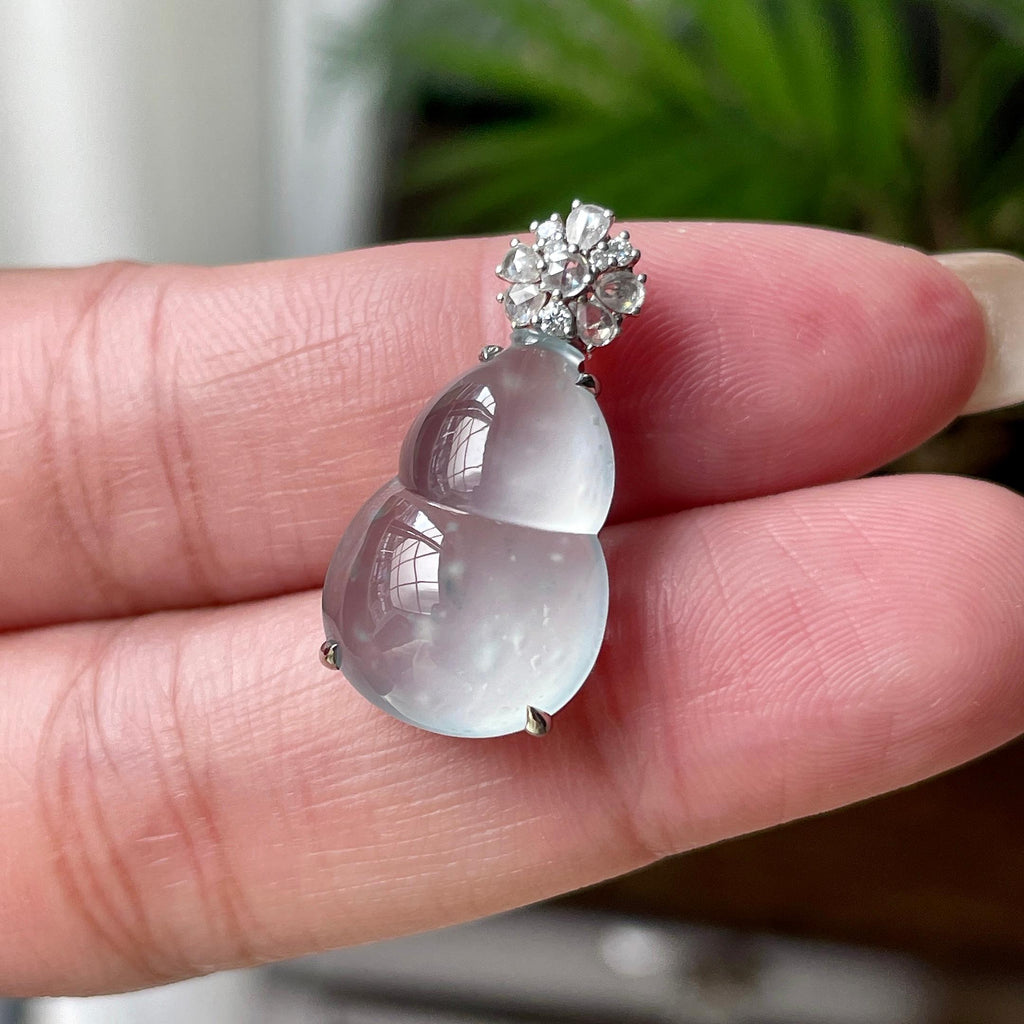 18K金玻璃种雪花棉葫芦挂件天然缅甸A货翡翠（yc462955）