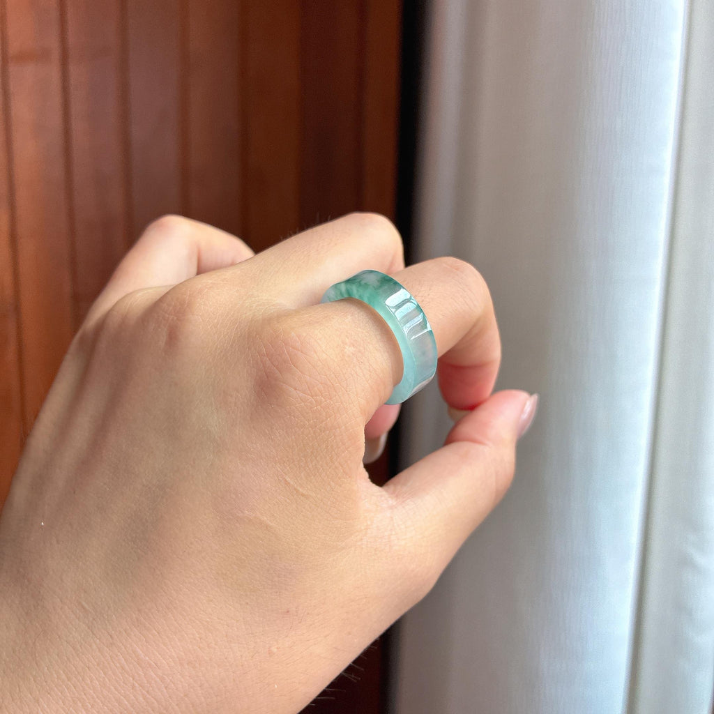 冰种飘花方形戒圈20号天然缅甸A货翡翠（yc437845）