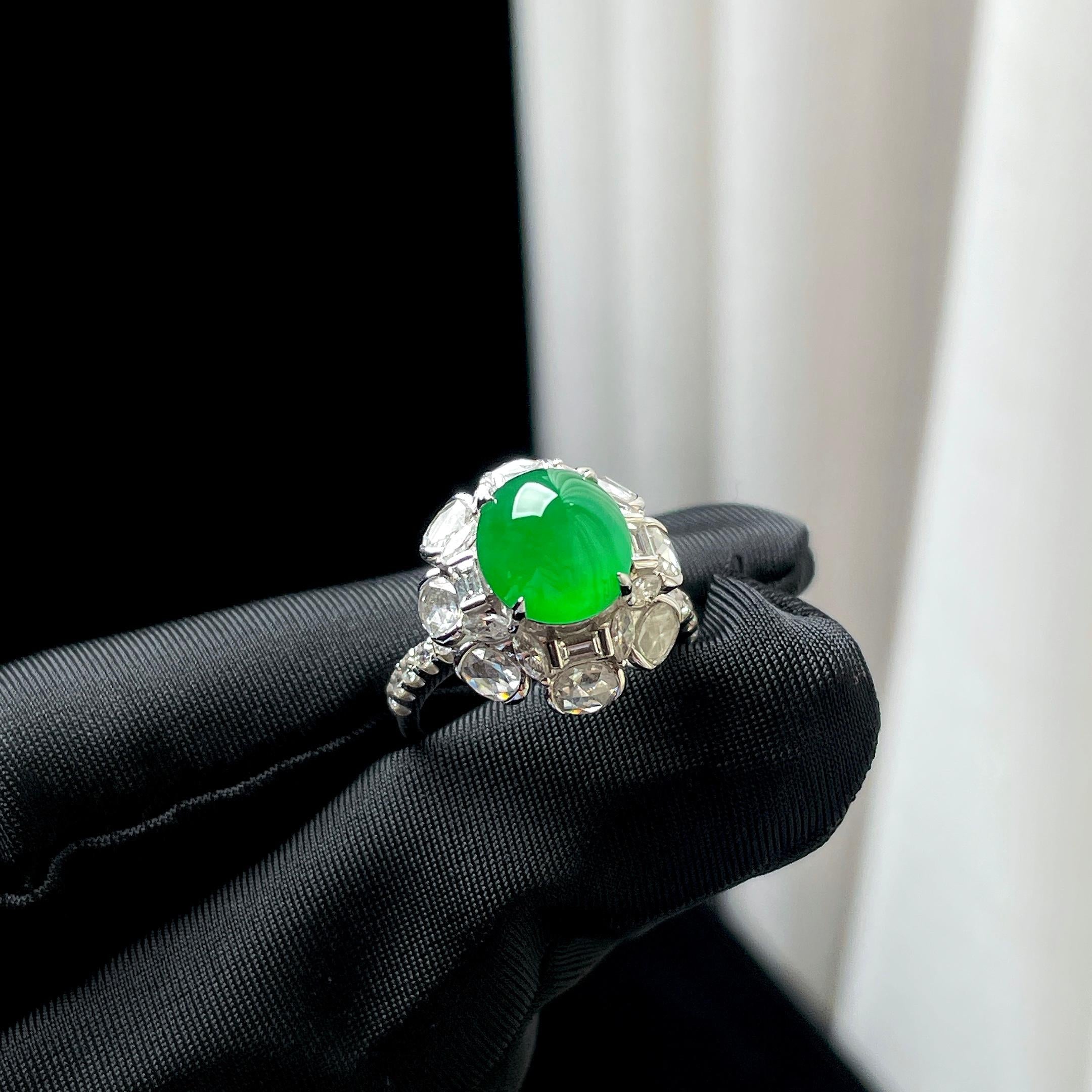 18k金钻镶冰种阳绿翡翠戒指（yc356404）