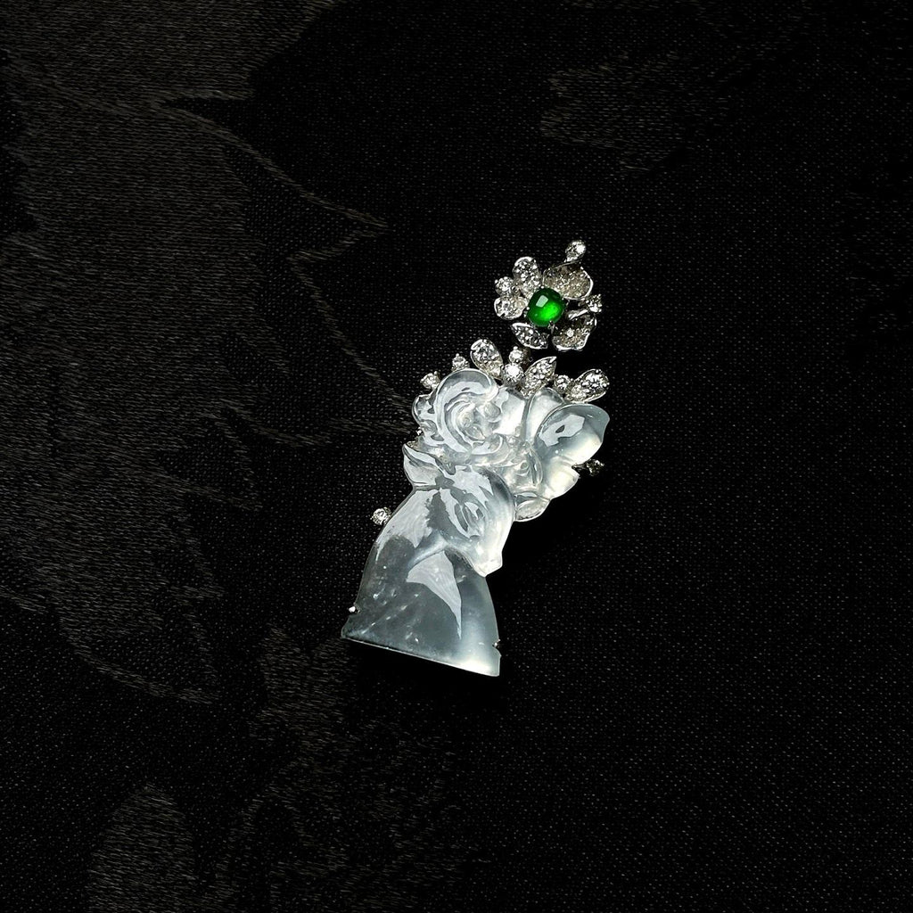 18k金镶玻璃种无色翡翠鹿吊坠（yc255713）