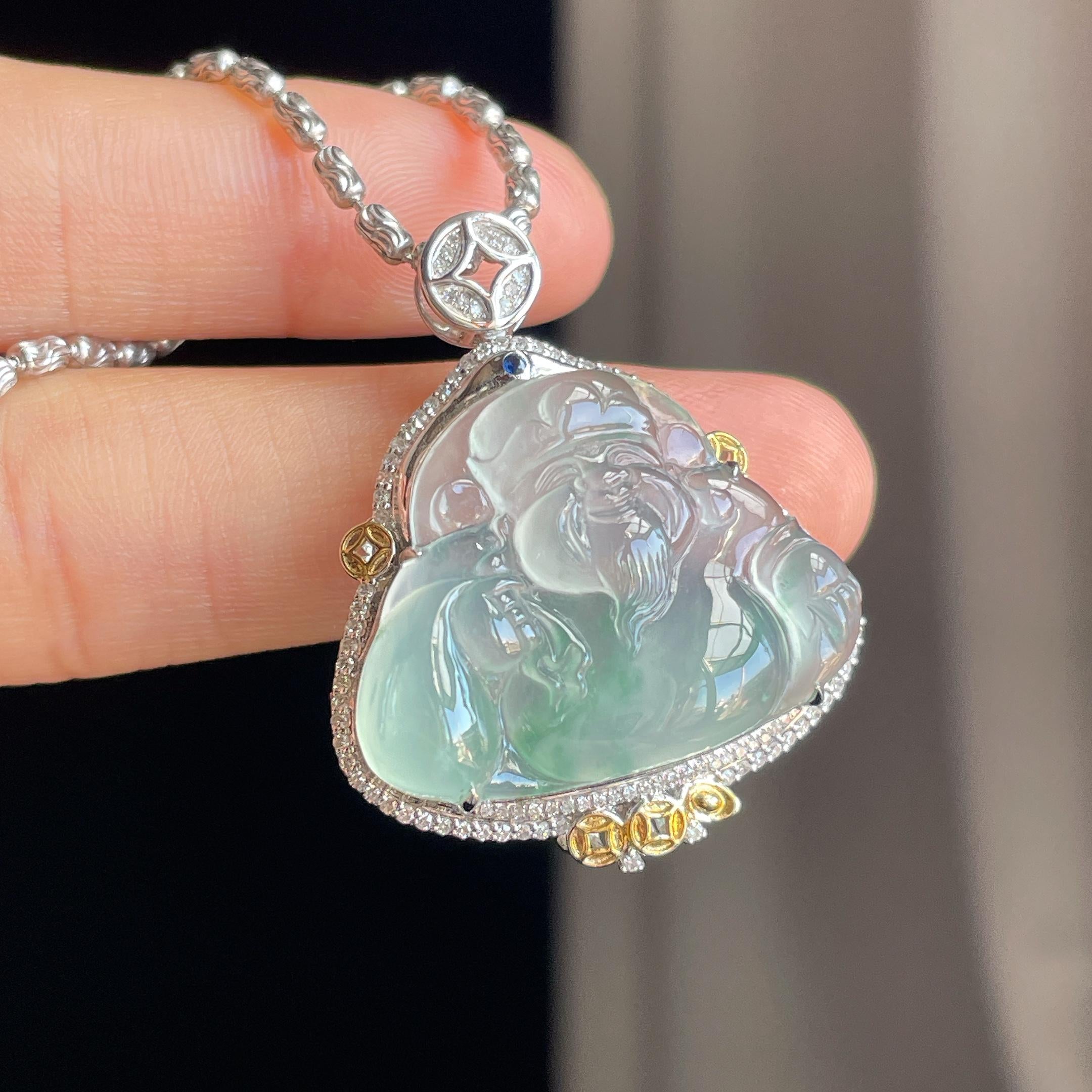 18k 金钻镶冰种飘花翡翠财神（yc318550）