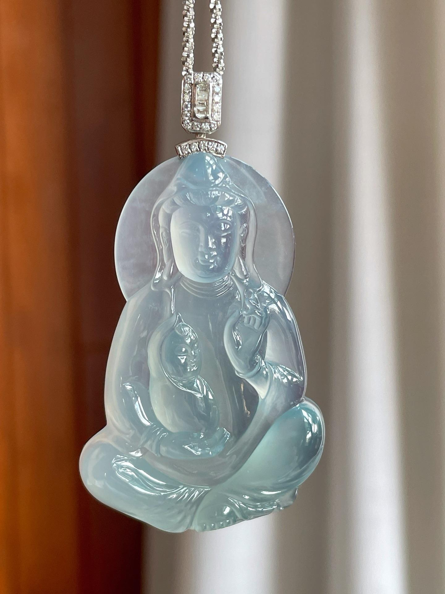 18k扣冰种蓝底翡翠送子观音（yc247186）