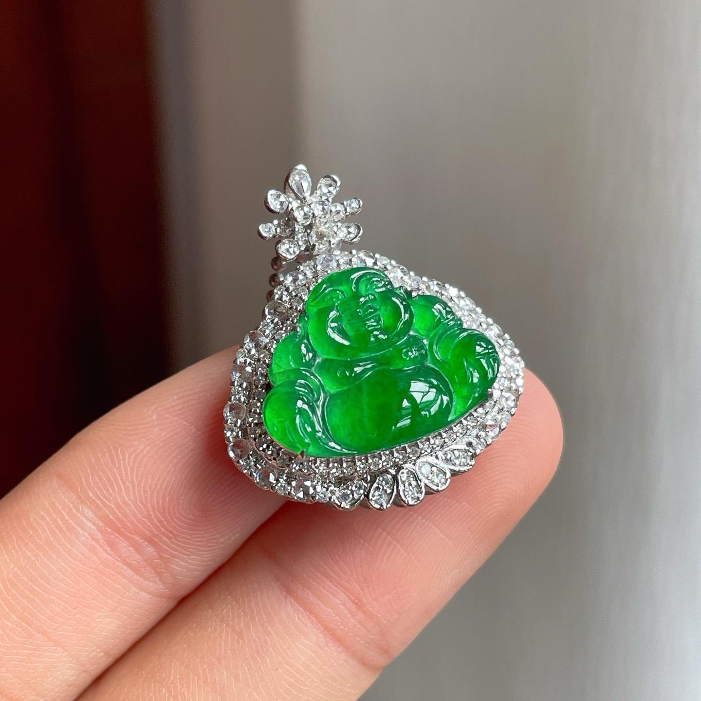 18k金钻镶冰种满绿翡翠佛公（yc257808）