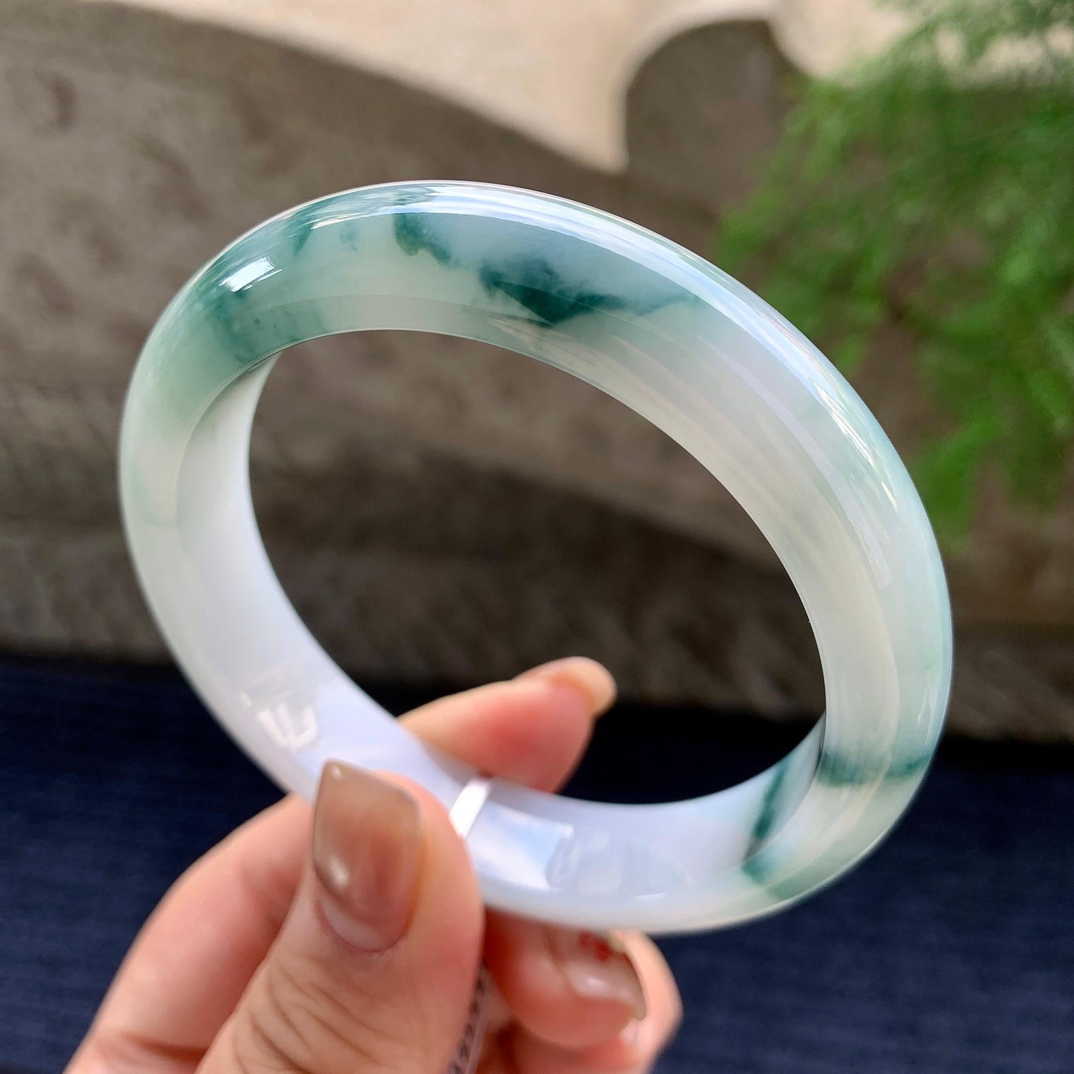 细糯种飘蓝花正圈平安镯 57.6圈口 天然缅甸A货翡翠（yc352947）