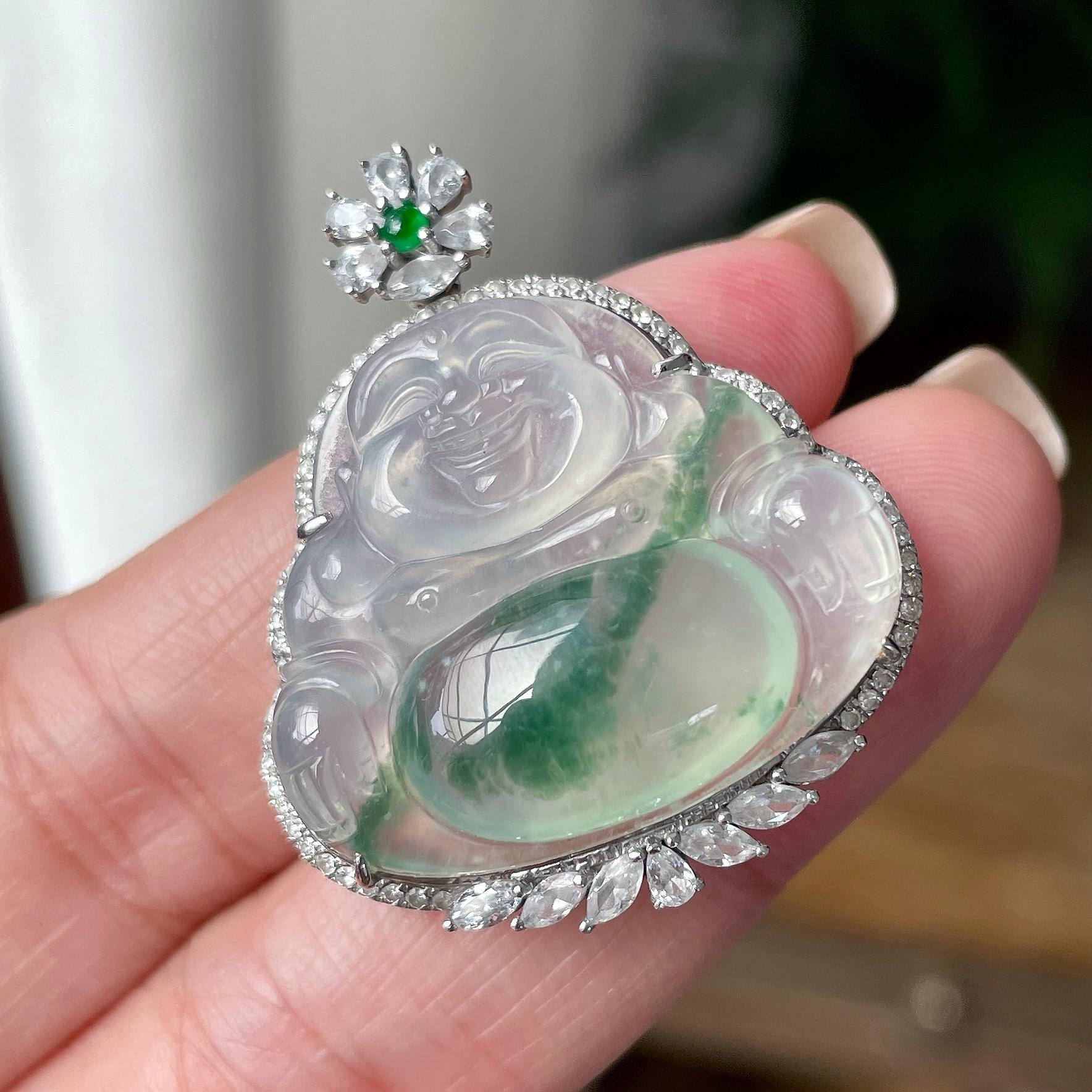 18K金钻镶糯冰种飘绿花佛公吊坠 天然缅甸A货翡翠（yc350006）