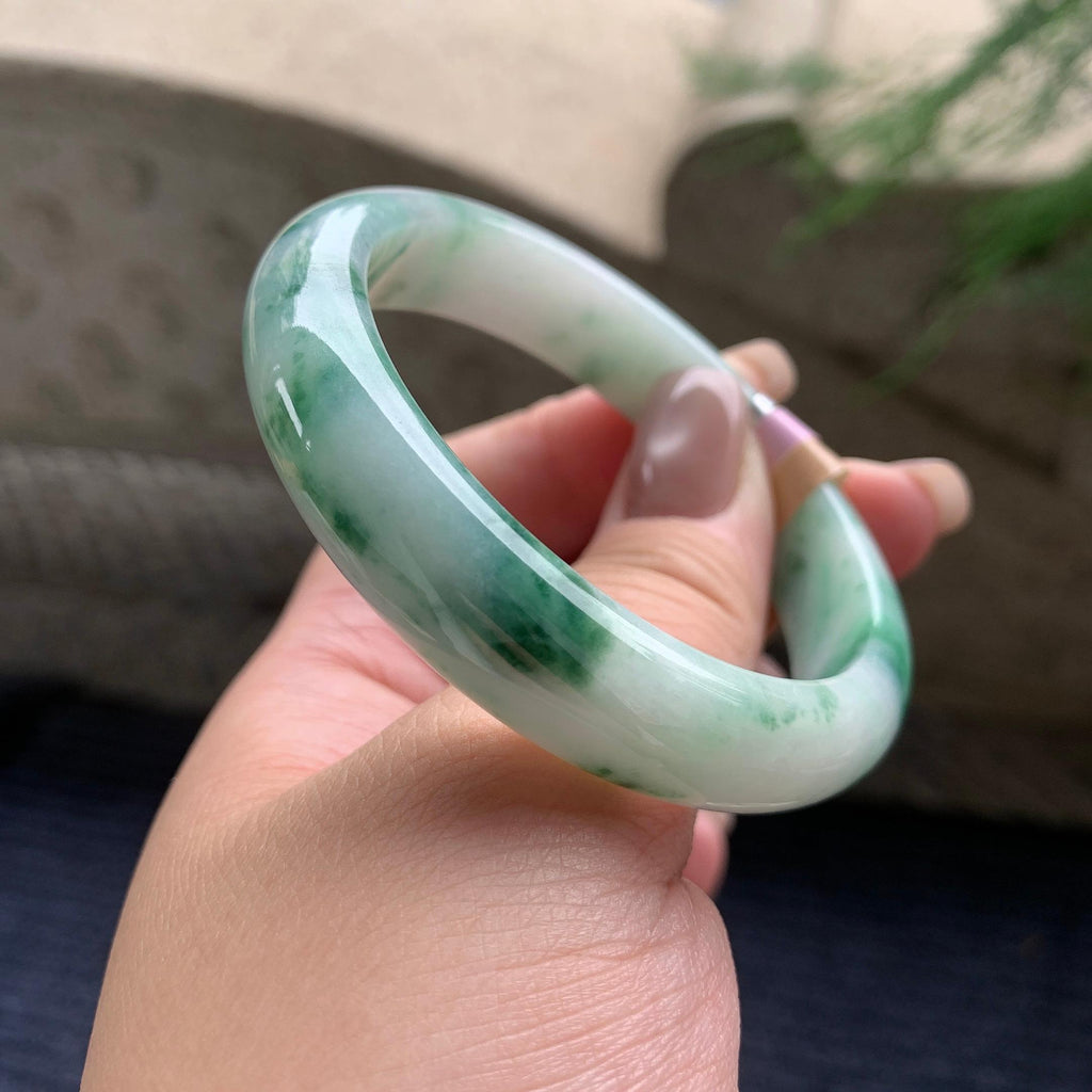 细糯种飘绿花正圈平安镯 54.8圈口 天然缅甸A货翡翠（yc405545）