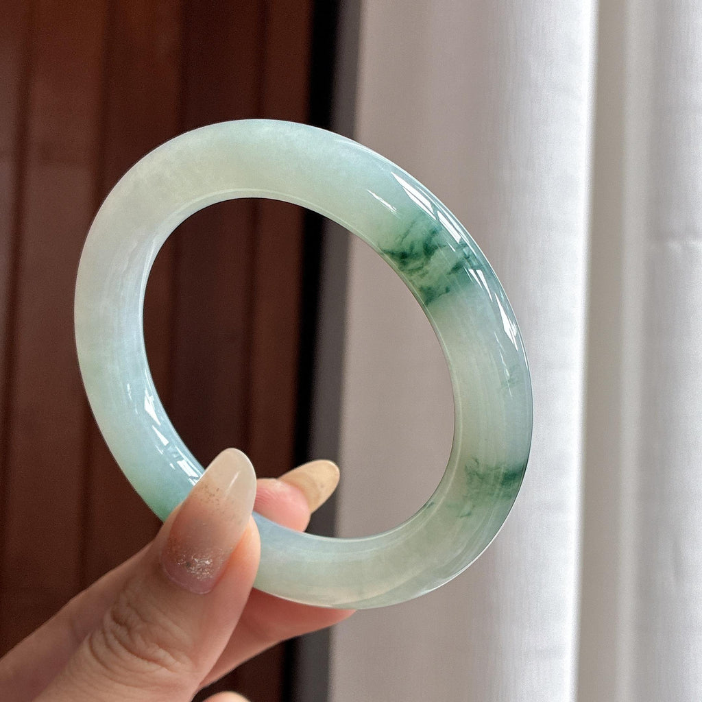 糯冰飘花圆条手镯 58圈 天然缅甸A货翡翠（yc503894）
