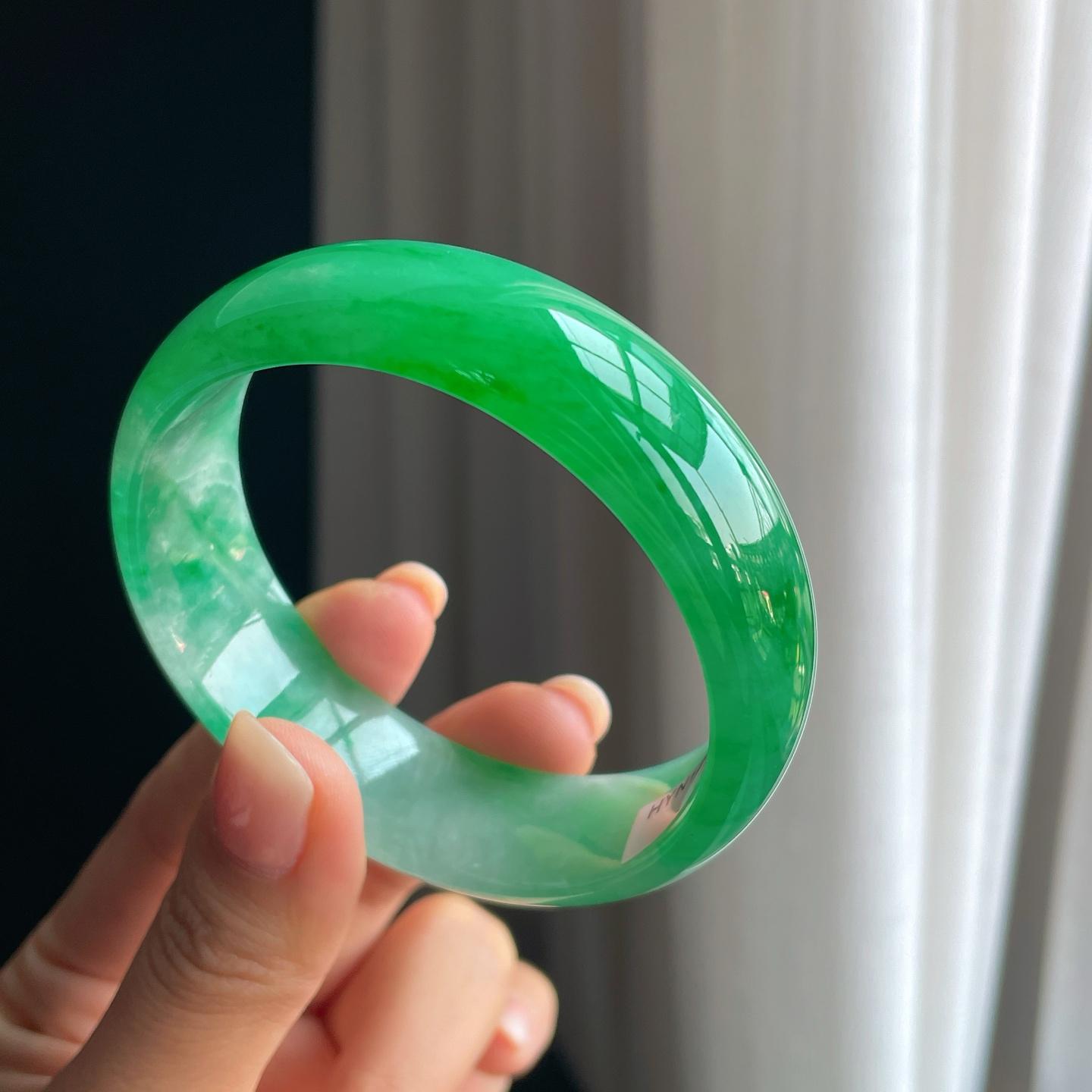 冰种宽版满绿翡翠平安镯（58.8mm）（yc389522）