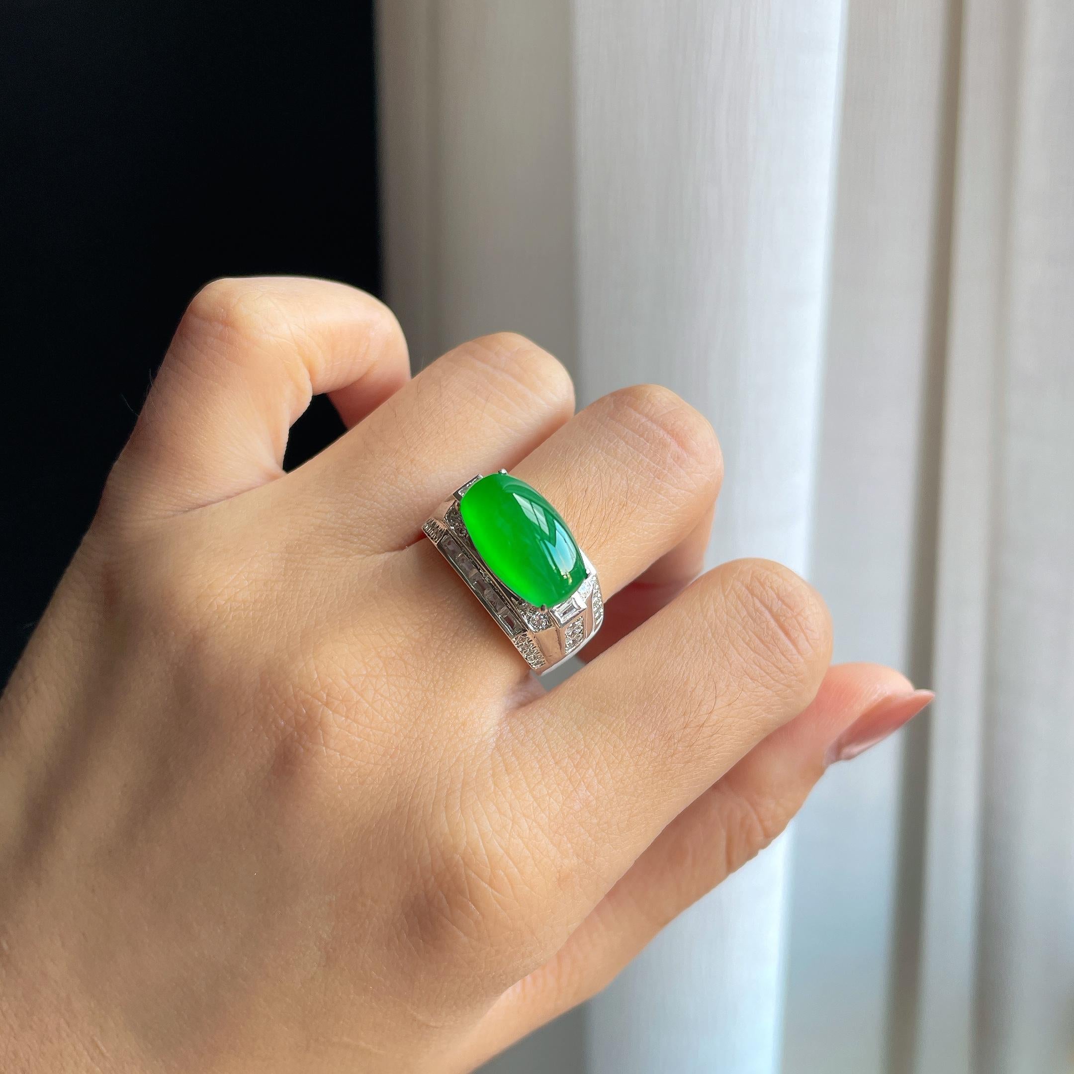 铜托冰玻种满绿翡翠马鞍戒指（yc289685）