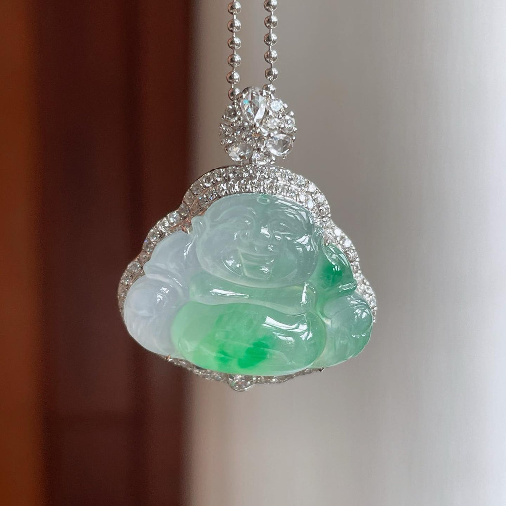 18k金镶冰种飘绿花翡翠佛公（yc247161）