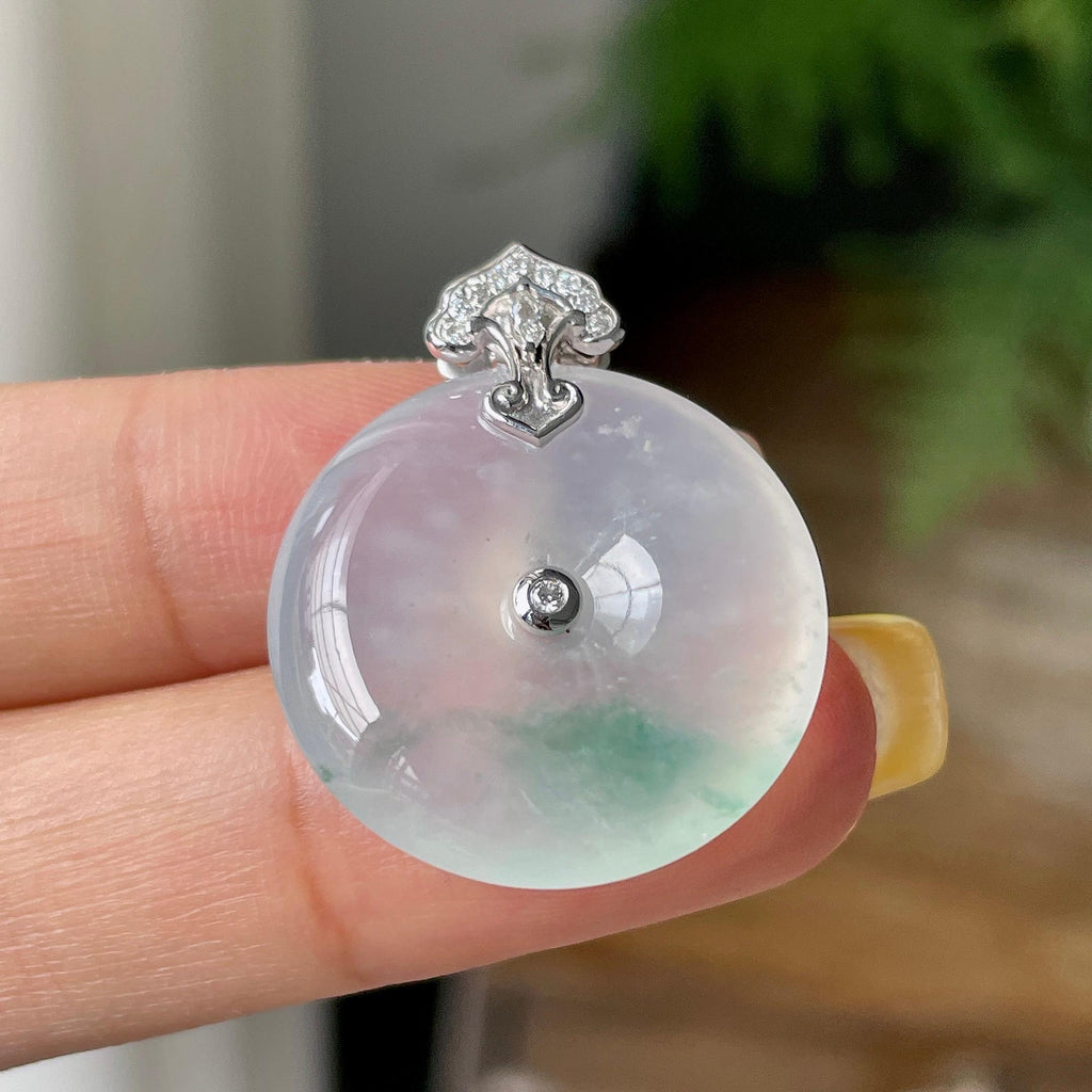 18k金钻镶冰种飘花平安扣吊坠    天然缅甸A货翡翠（yc362097）