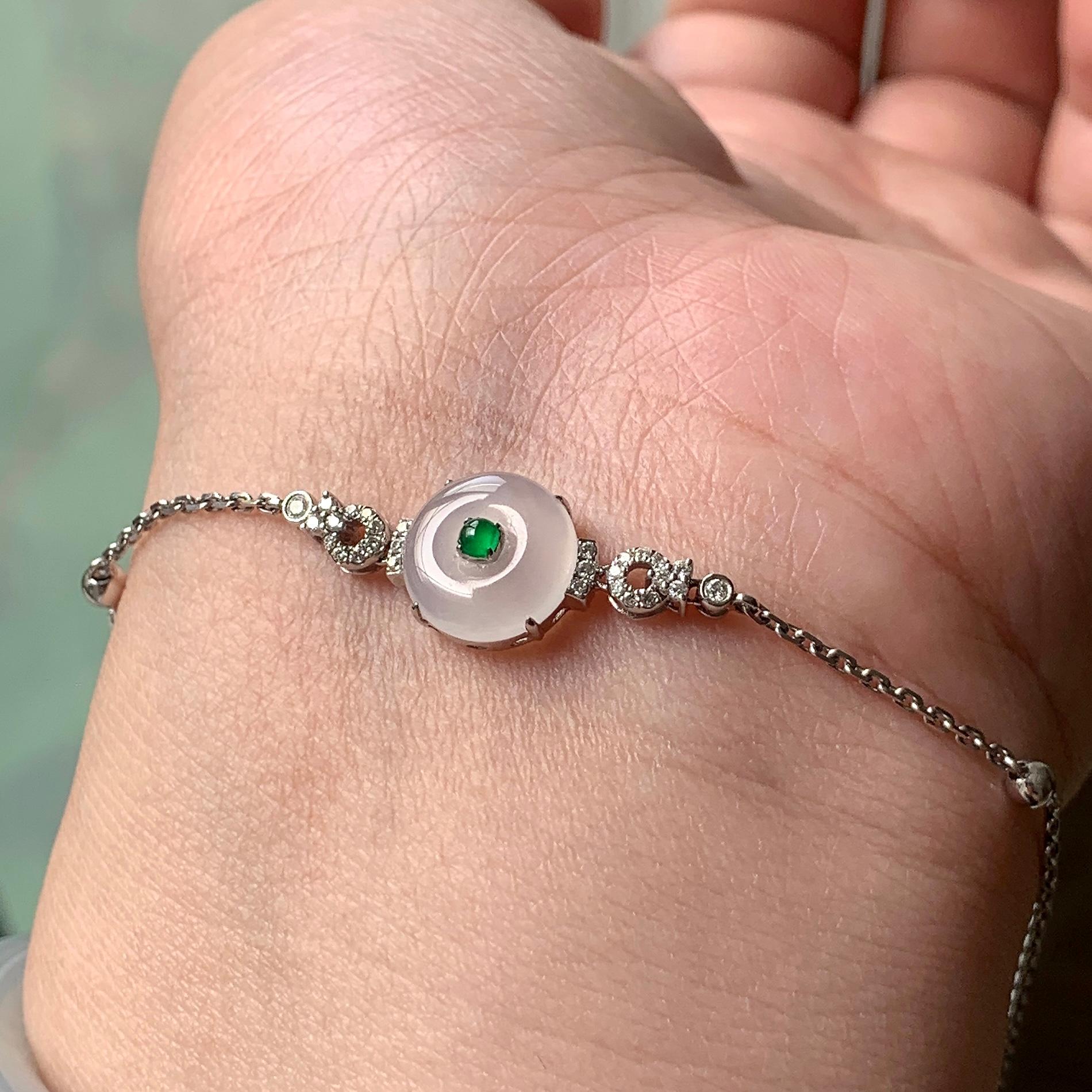 18K金钻镶糯冰种无色平安扣手链  天然缅甸A货翡翠（yc362101）