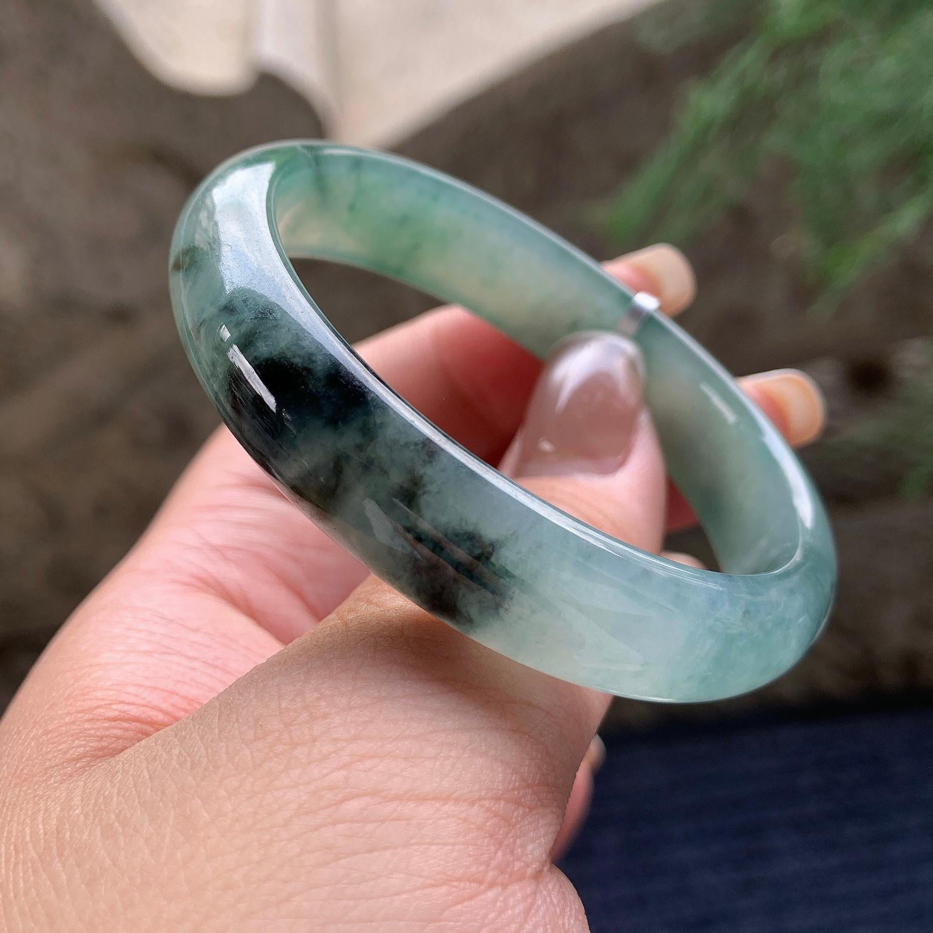 小圈口 糯冰种飘蓝花贵妃手镯 53.8圈口 天然缅甸A货翡翠（yc381959）