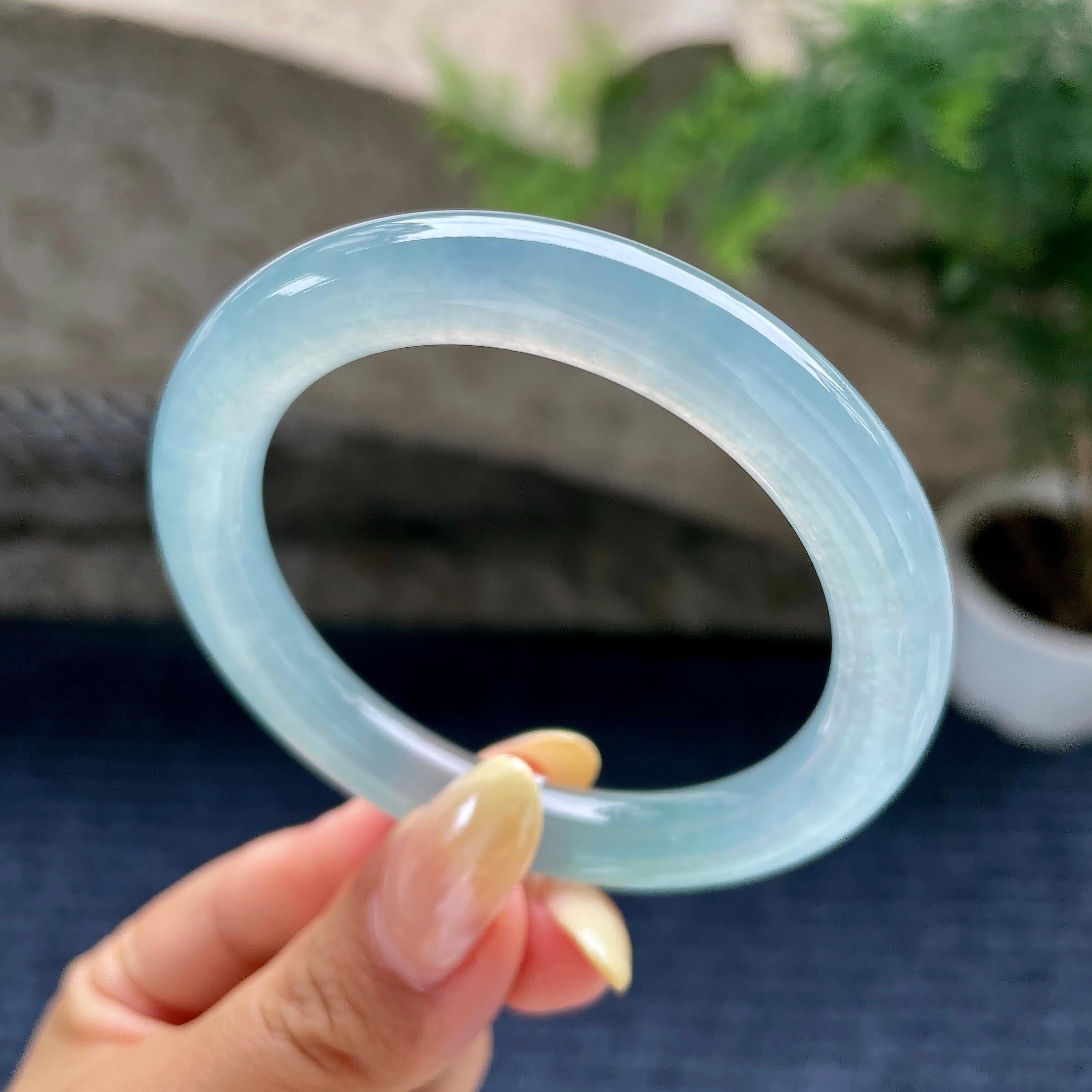 小圈口 冰种蓝水圆条手镯52.2圈 天然缅甸A货翡翠（yc489135）