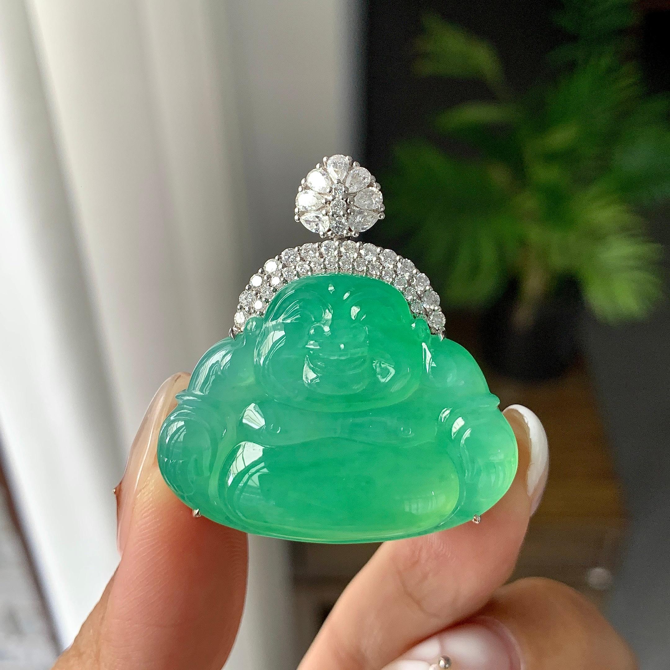 18K金钻镶冰种满绿佛公吊坠（yc252552）