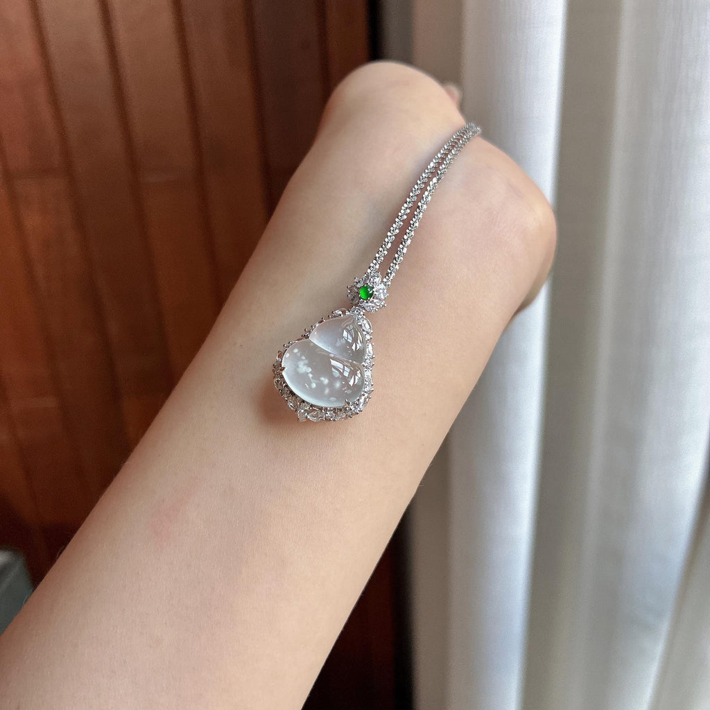 18k金镶冰玻种雪花棉葫芦挂件 天然缅甸A货翡翠（yc484657）