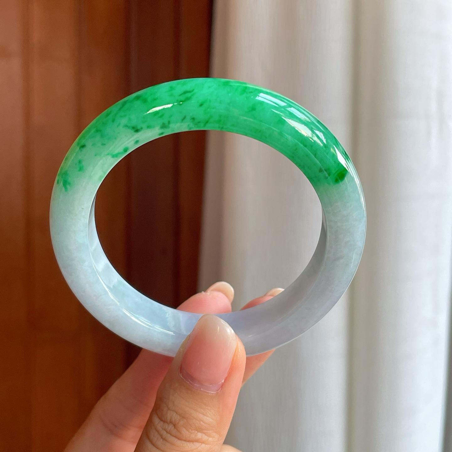 糯冰翠绿半山半水翡翠平安镯（56mm）（yc400193）