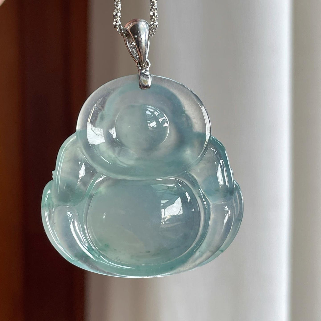 18k金扣冰种飘蓝花翡翠佛公（yc263556）