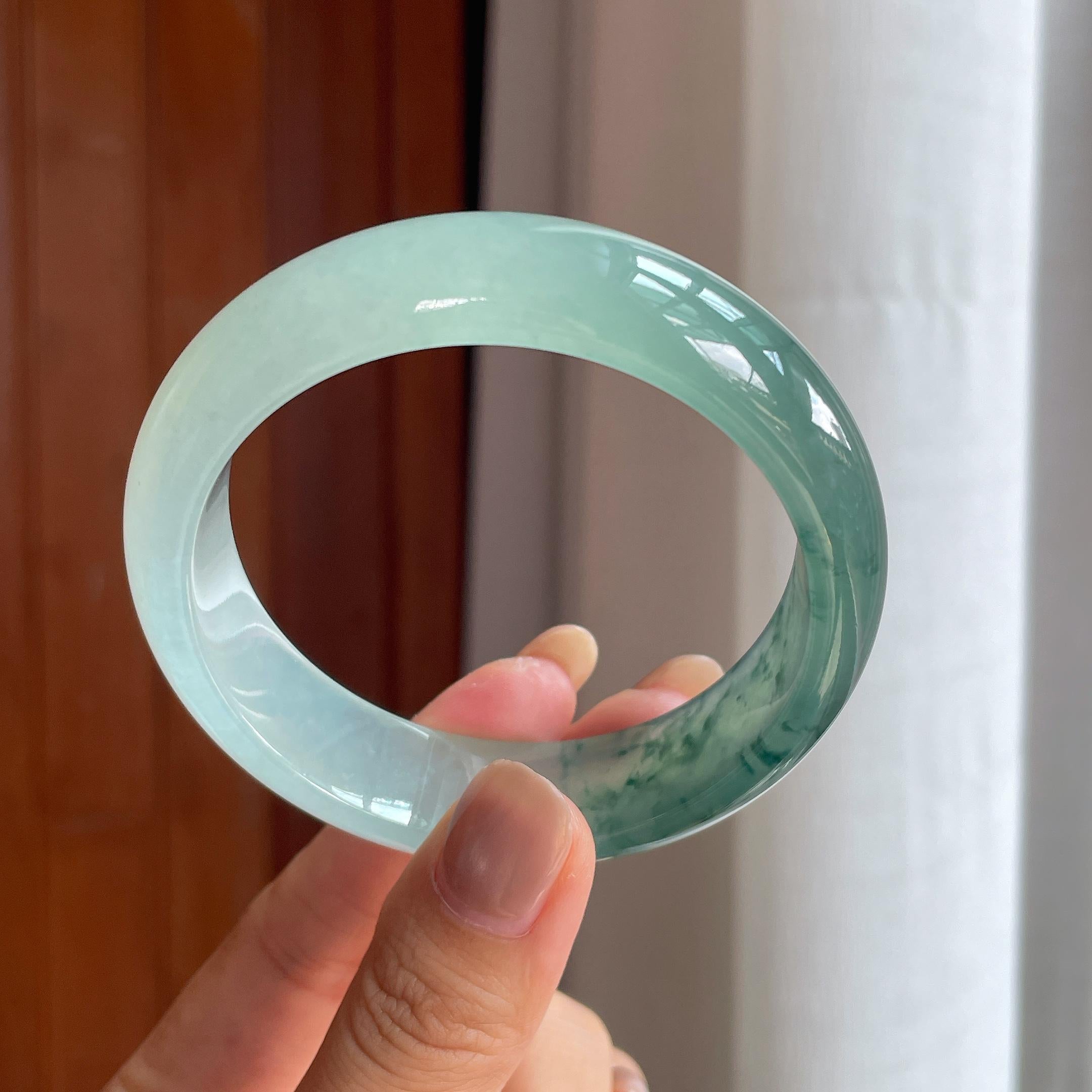 冰种宽版飘花翡翠平安镯(57.5mm)（yc423958）