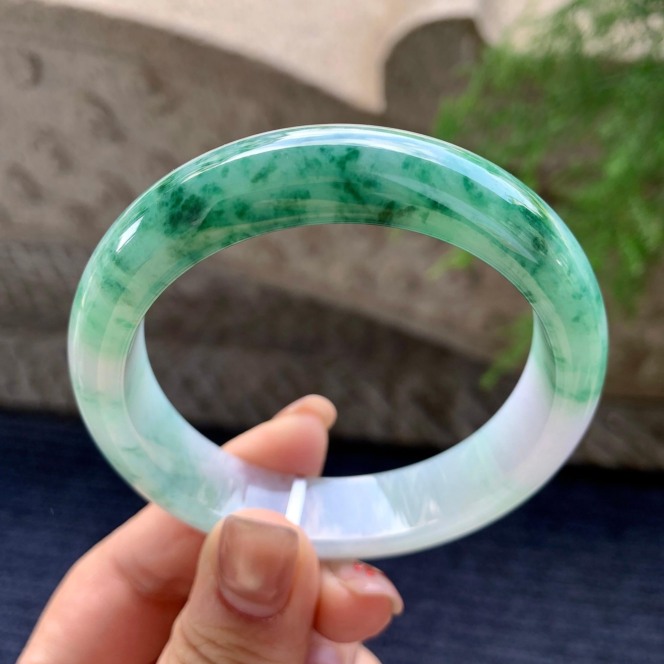 细糯种飘绿花正圈平安镯 56.8圈口 天然缅甸A货翡翠（yc352943）