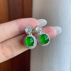 铜托冰种满绿翡翠蛋面耳饰（yc261407）