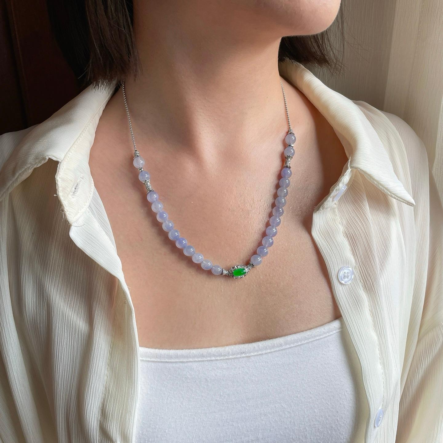 18k金镶冰种紫罗兰翡翠珠串项链（yc228472）