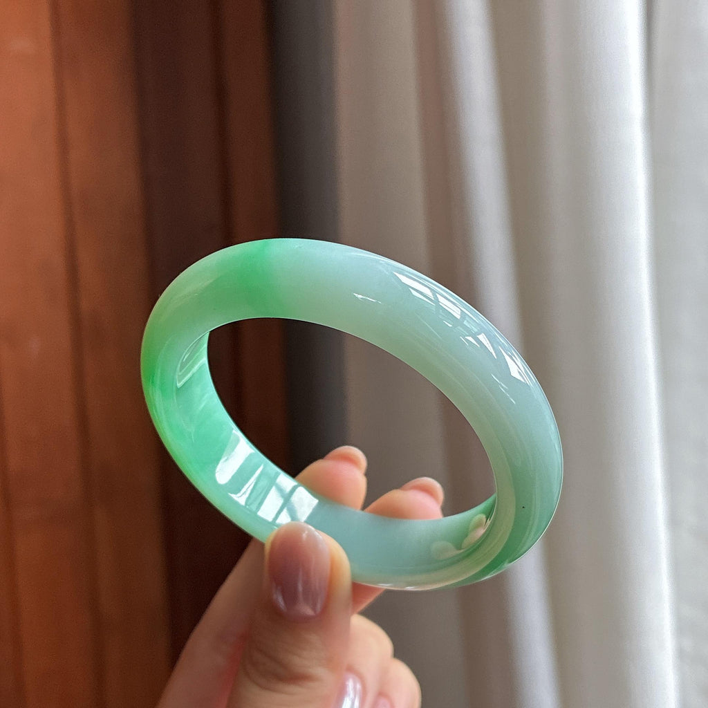 糯冰带色正圈平安镯 53圈 天然缅甸Ａ货翡翠（yc487629）