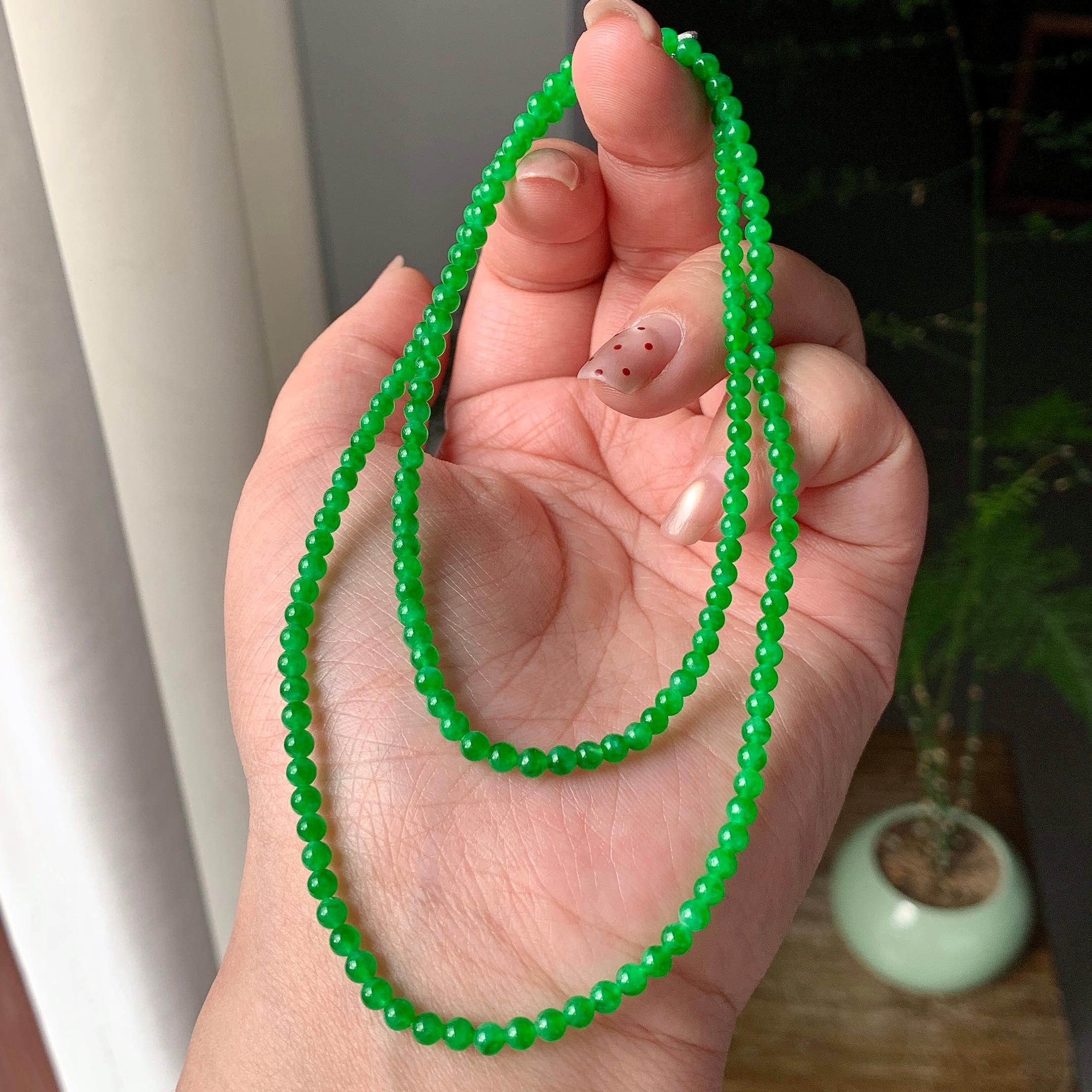糯冰种阳绿小米珠链（166颗） 天然缅甸A货翡翠（yc355301）