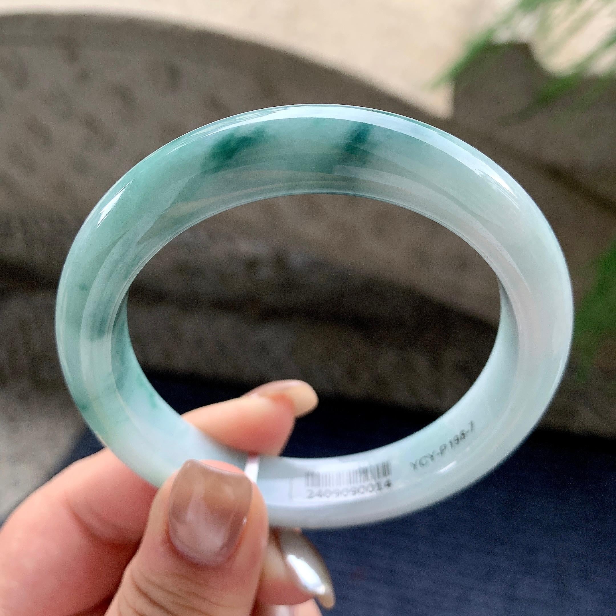 细糯种飘蓝花正圈平安镯  58.3圈口  天然缅甸A货翡翠（yc436255）