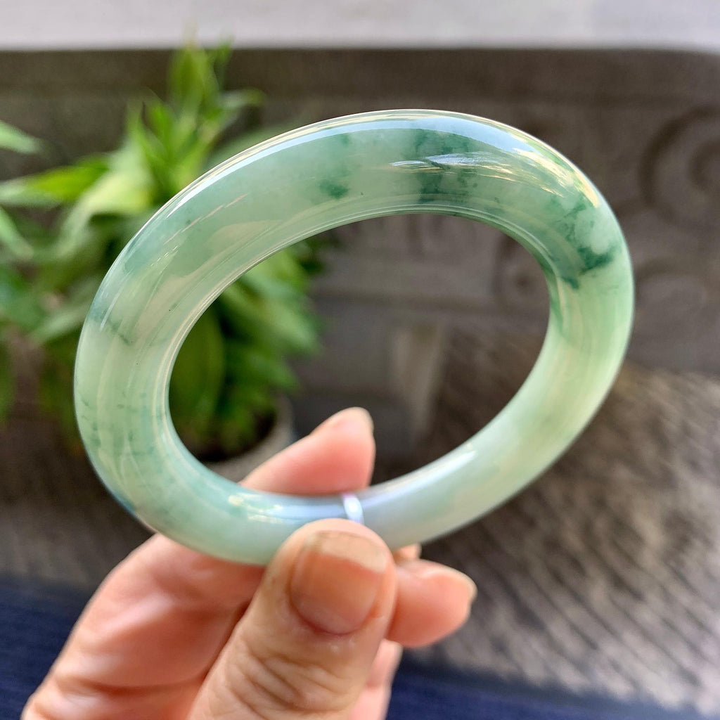 小圈口 细糯种飘绿花圆条手镯51.6圈口 天然缅甸A货翡翠（yc330333）