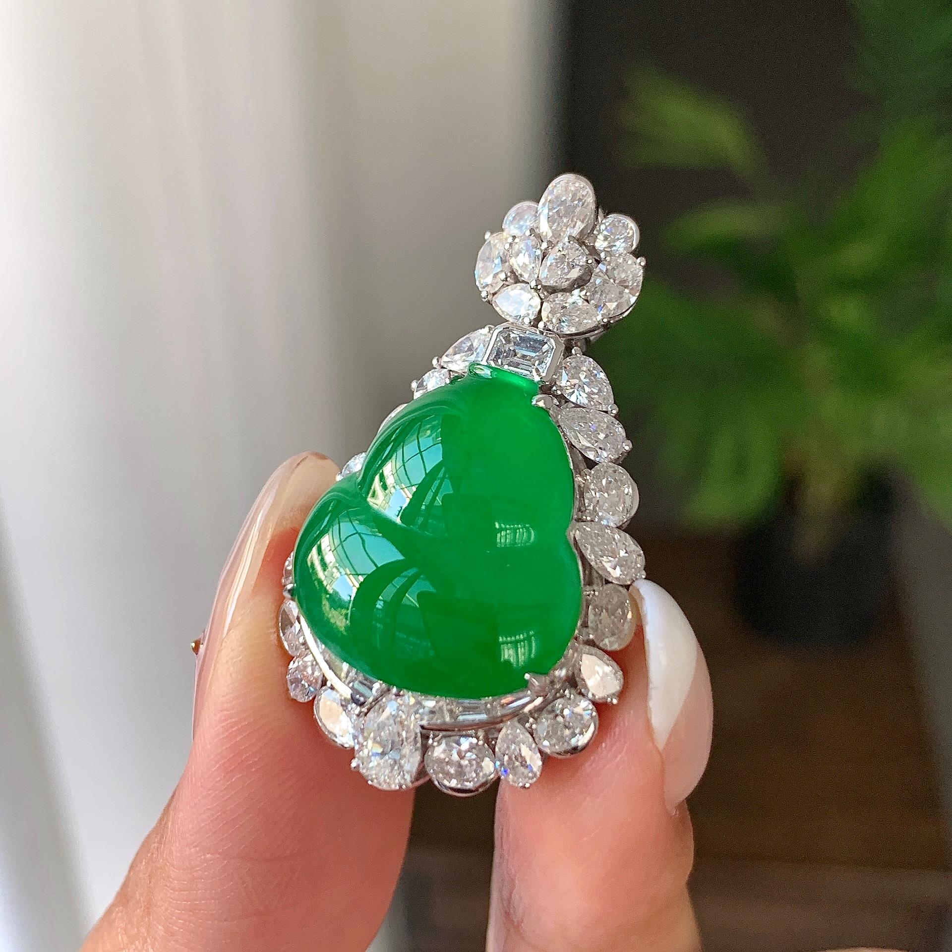 18k金钻镶糯冰种满绿葫芦吊坠（yc242675）