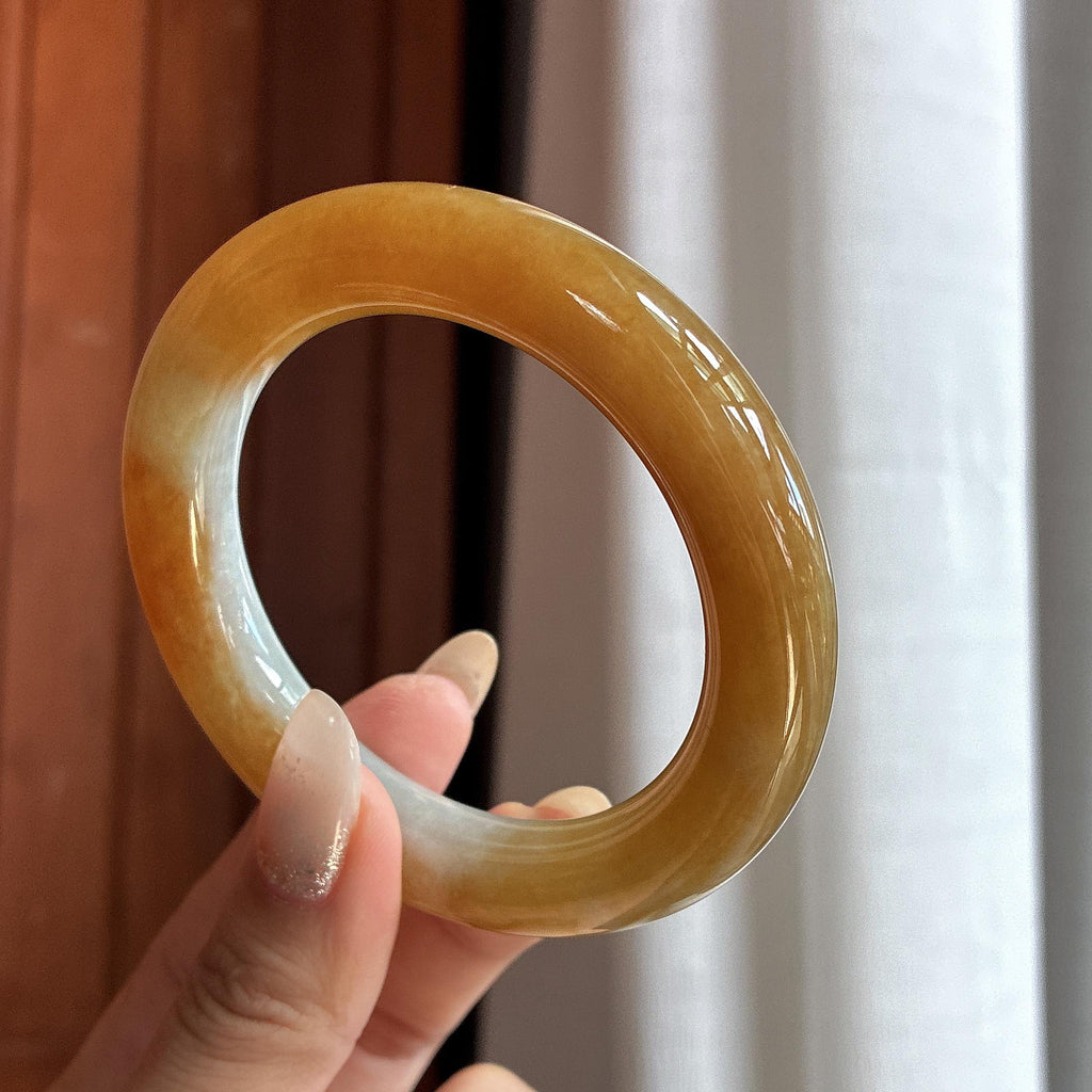 糯冰黄翡圆条手镯 56圈 天然缅甸A货翡翠（yc484579）