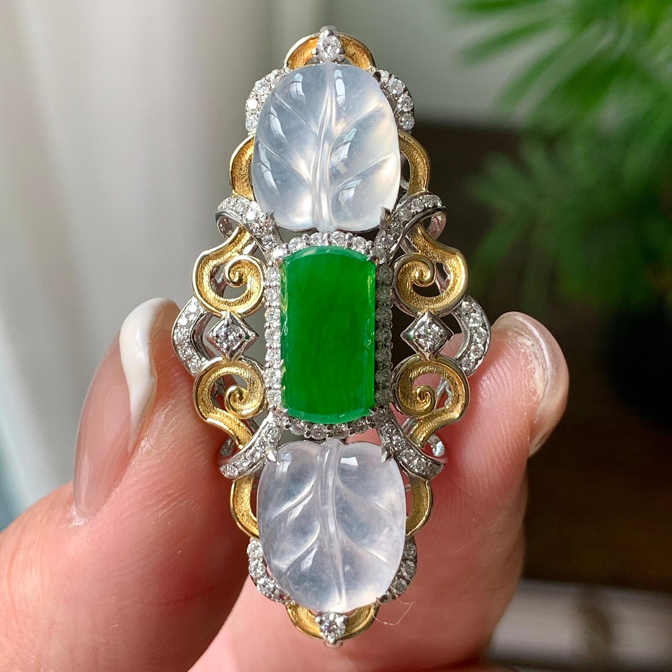 18K金钻镶糯冰种无色叶子胸针  天然缅甸A货翡翠（yc362094）